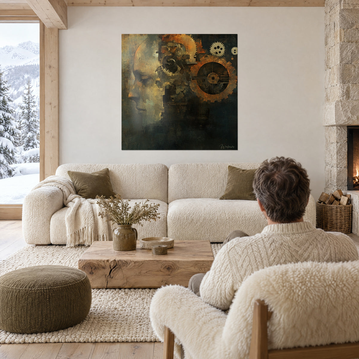 Schilderij gezicht in profiel half gepixeld, roestige koperen tandwielen op een donkere achtergrond, boven een bank in een lichte woonkamer