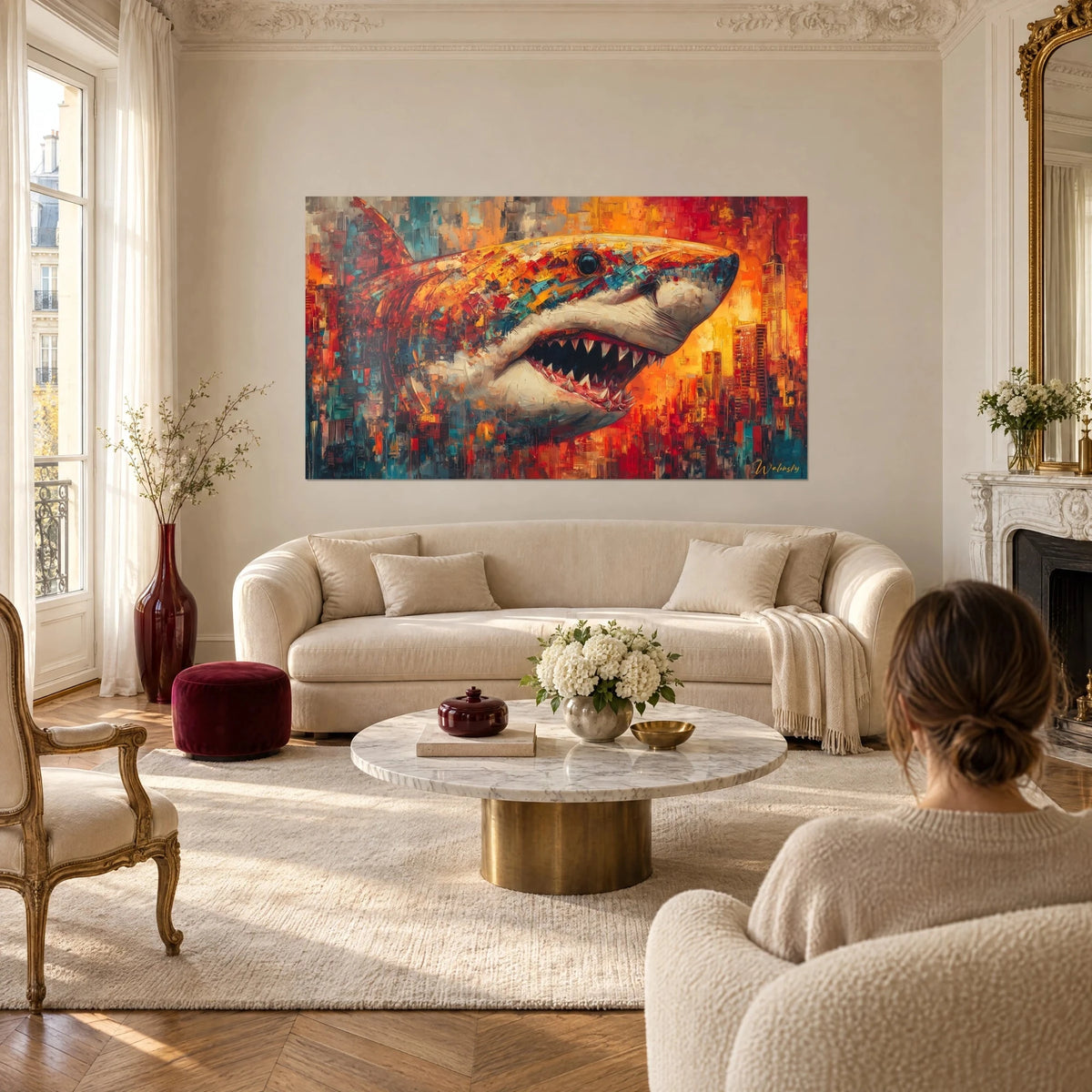 Tableau requin mégalodon aux mâchoires béantes, écailles rouge et orangé, skyline turquoise, au-dessus d'un canapé dans un salon lumineux