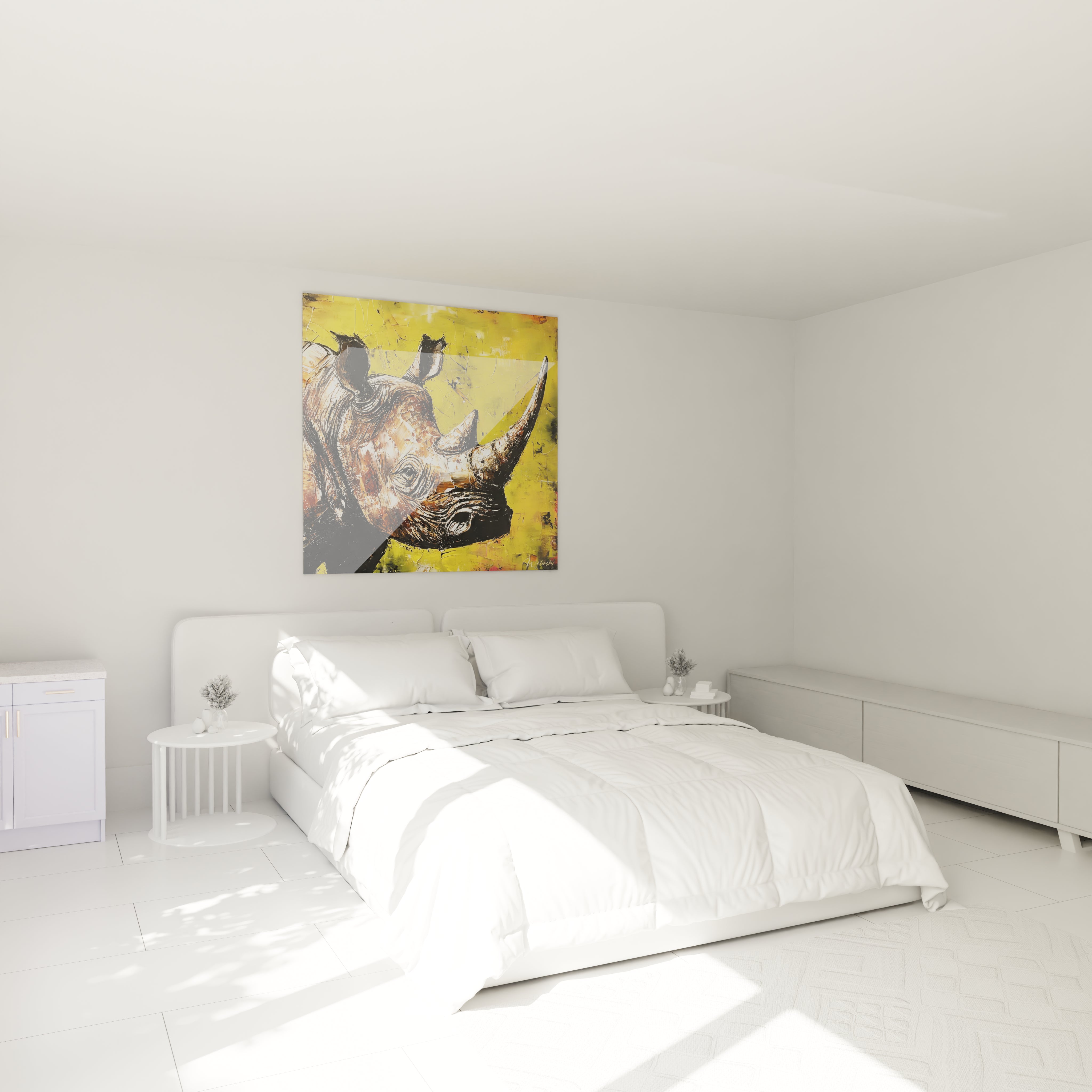 Tableau rhinocéros Walensky aux couleurs jaunes accroché dans une chambre moderne et lumineuse avec un lit blanc