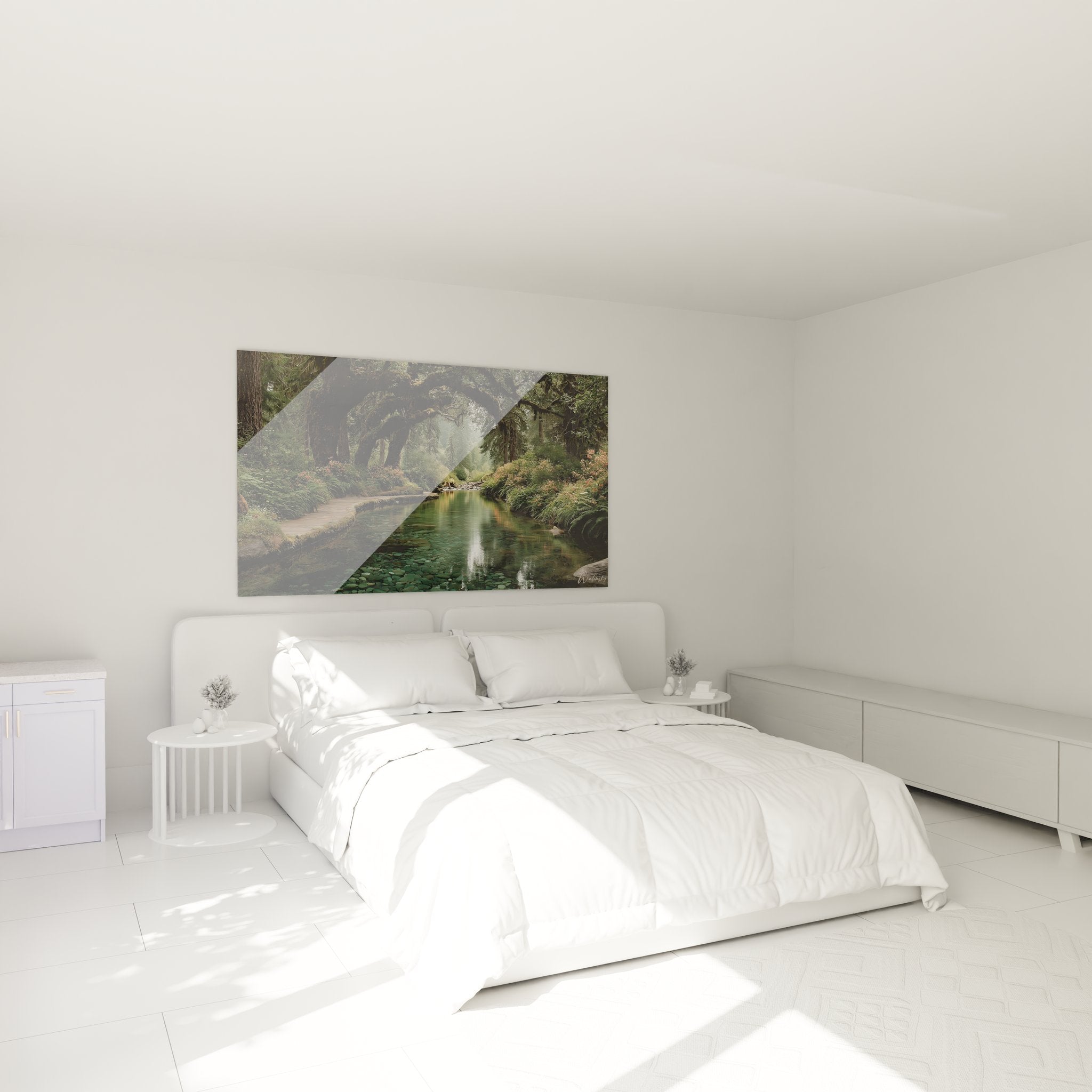 Décoration chambre tableau rivière forestière créant ambiance zen et apaisante dans intérieur moderne