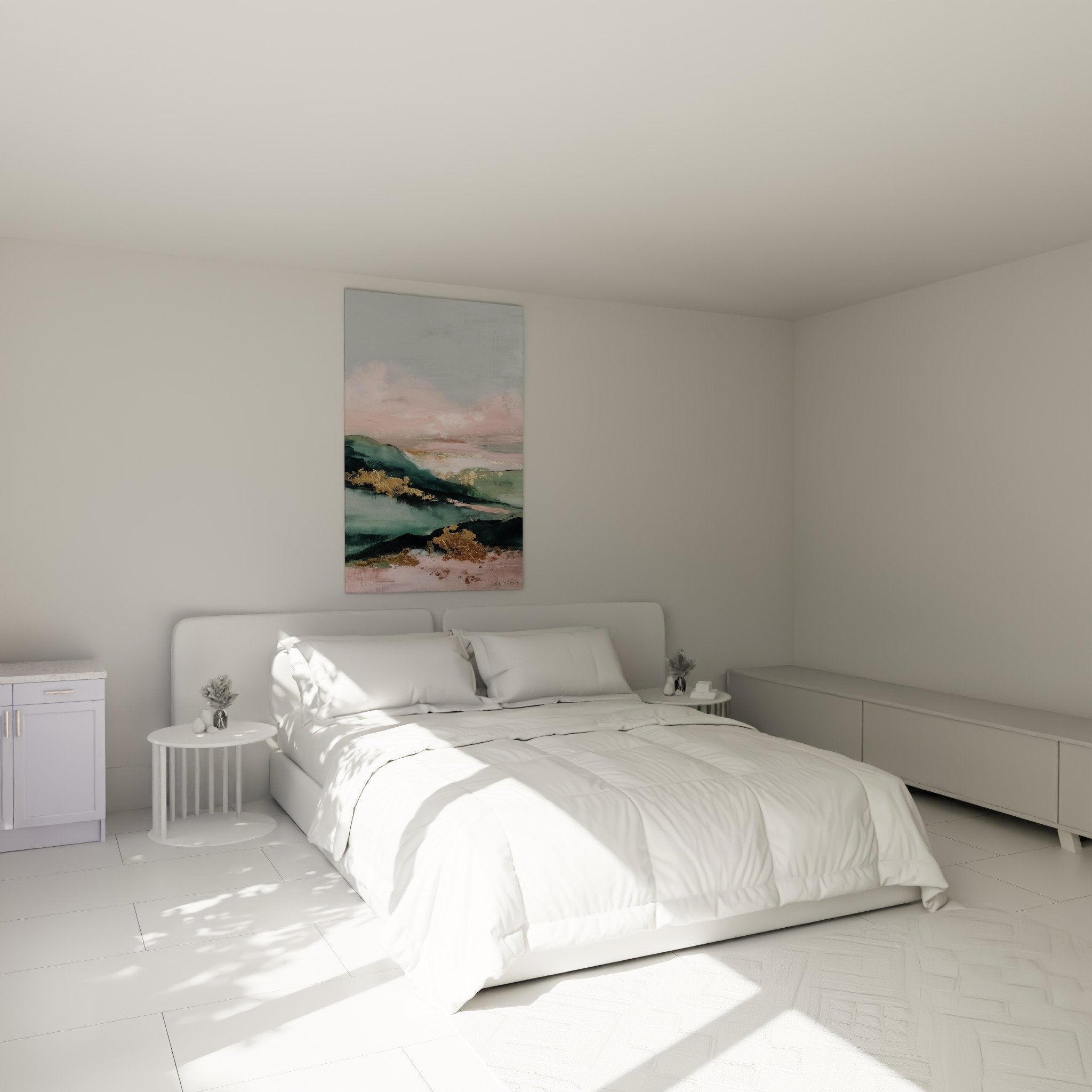 Décoration chambre tableau abstrait rose vert placement mural ambiance apaisante feng shui sud-est bois