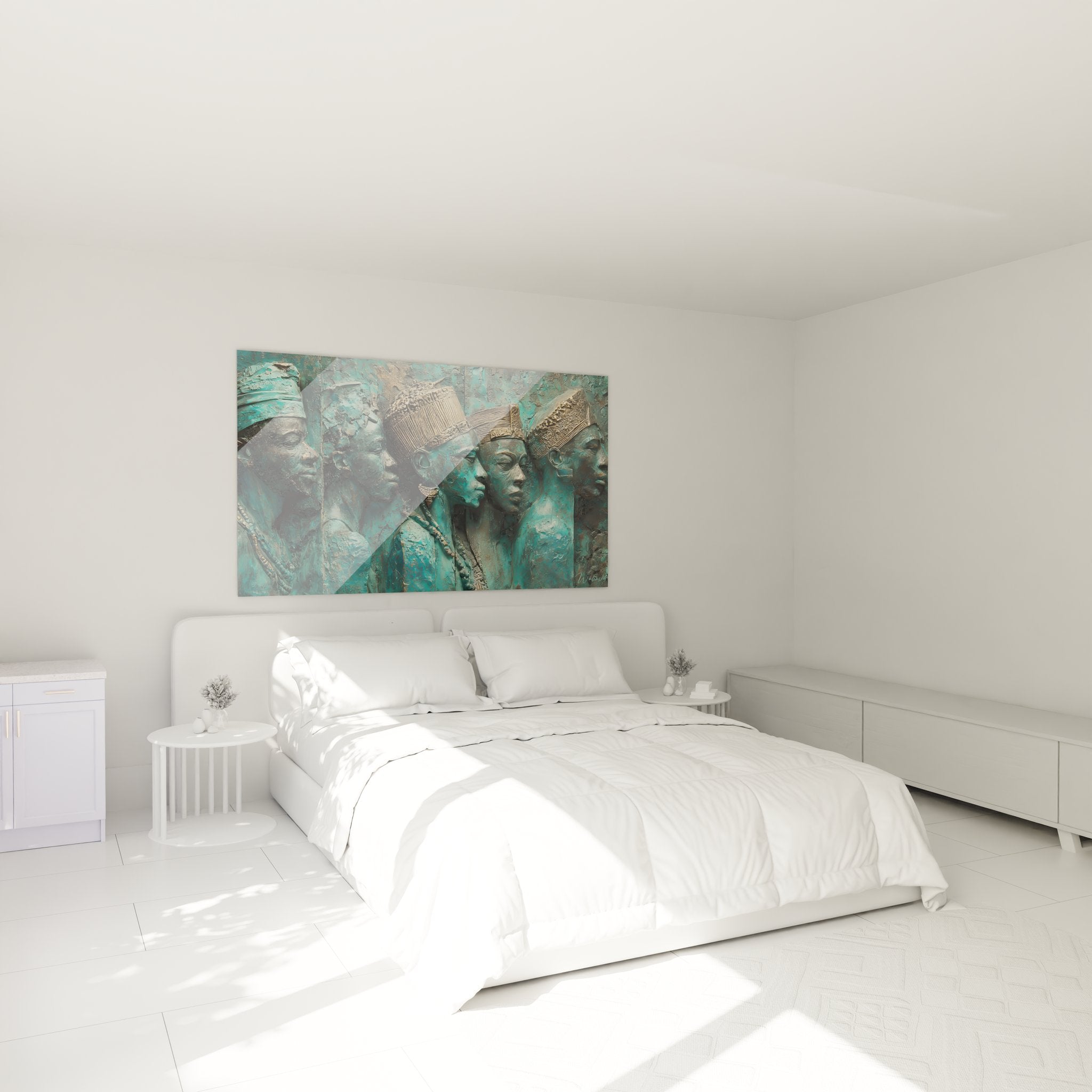 Ambiance chambre avec tableau mural sculptures africaines ancestrales aux nuances turquoise et bronze