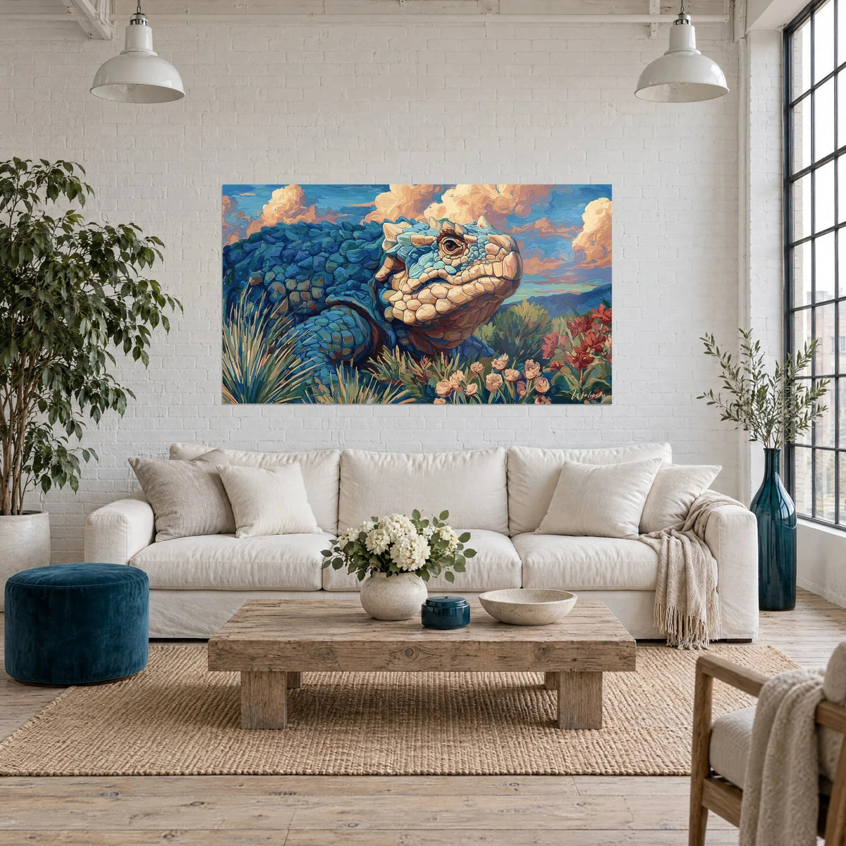 Wall art prehistoric reptile with cobalt blue and cream scales, rosy clouds, red flowers, above a sofa in a bright living room