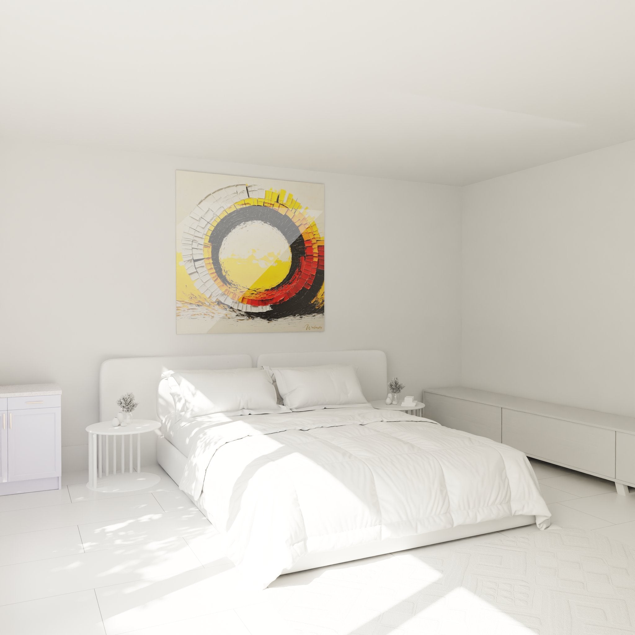 Décoration chambre avec tableau spirale abstraite moderne aux couleurs vives et dynamiques