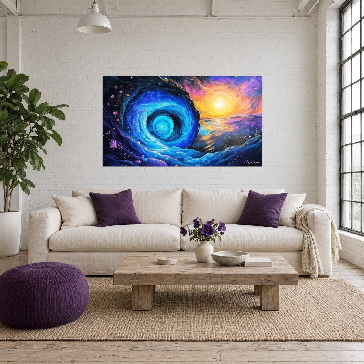Quadro Vortice cosmico blu elettrico davanti a un sole arancione, stelle dorate, sopra un divano in un soggiorno luminoso