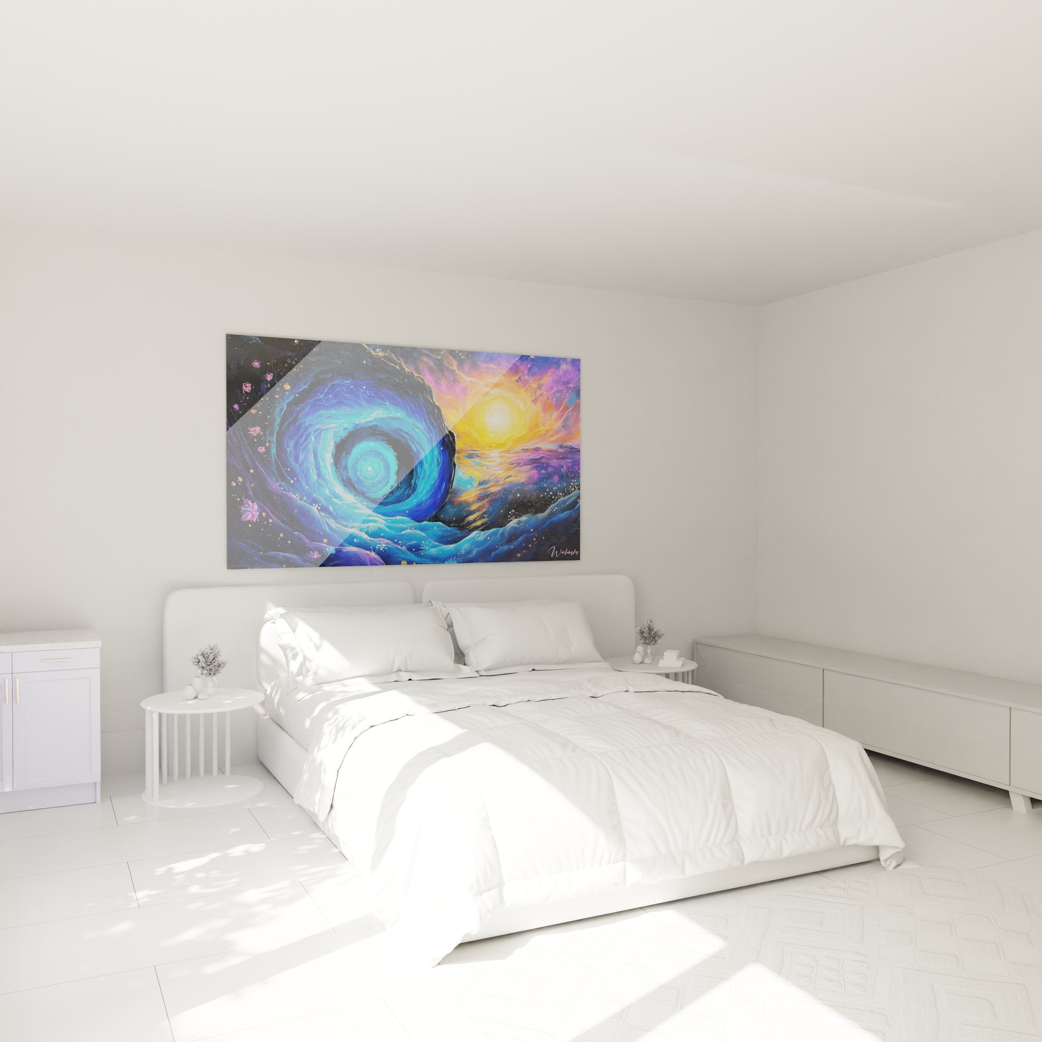 Ambiance chambre avec tableau spirale cosmique bleue et dorée créant atmosphère apaisante