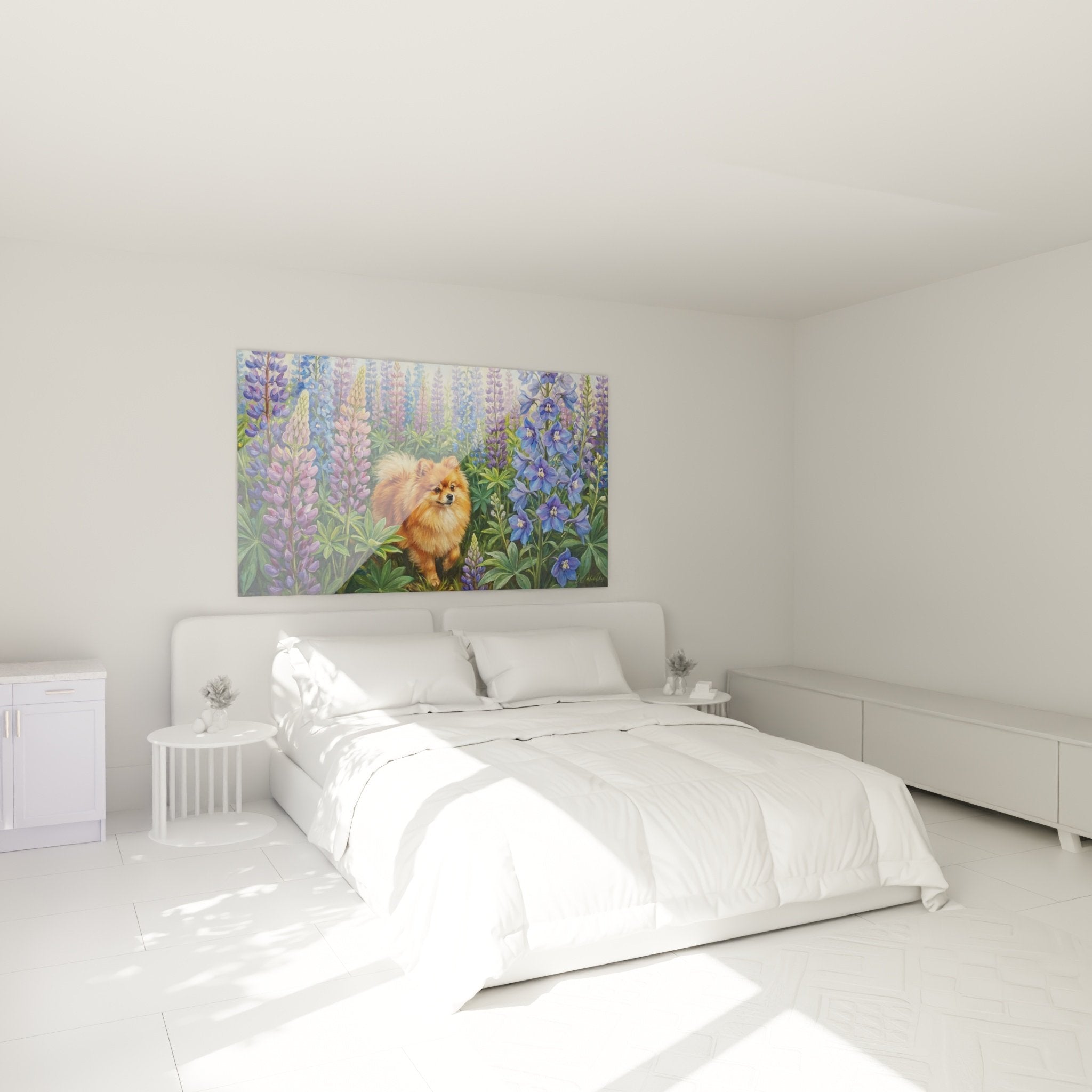 Tableau Spitz Poméranien dans jardin fleuri accroché au mur d'une chambre moderne