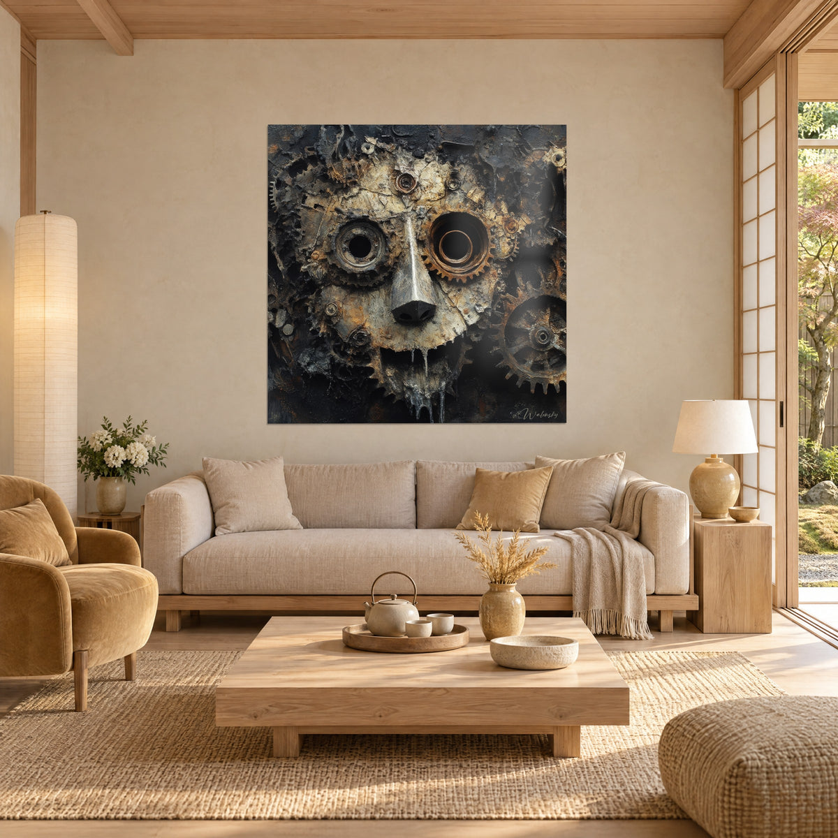 Schilderij mechanisch gezicht met roestige tandwiel-ogen, zilverkleurige stalen neus en antracietzwarte achtergrond, boven een bank in een lichte woonkamer