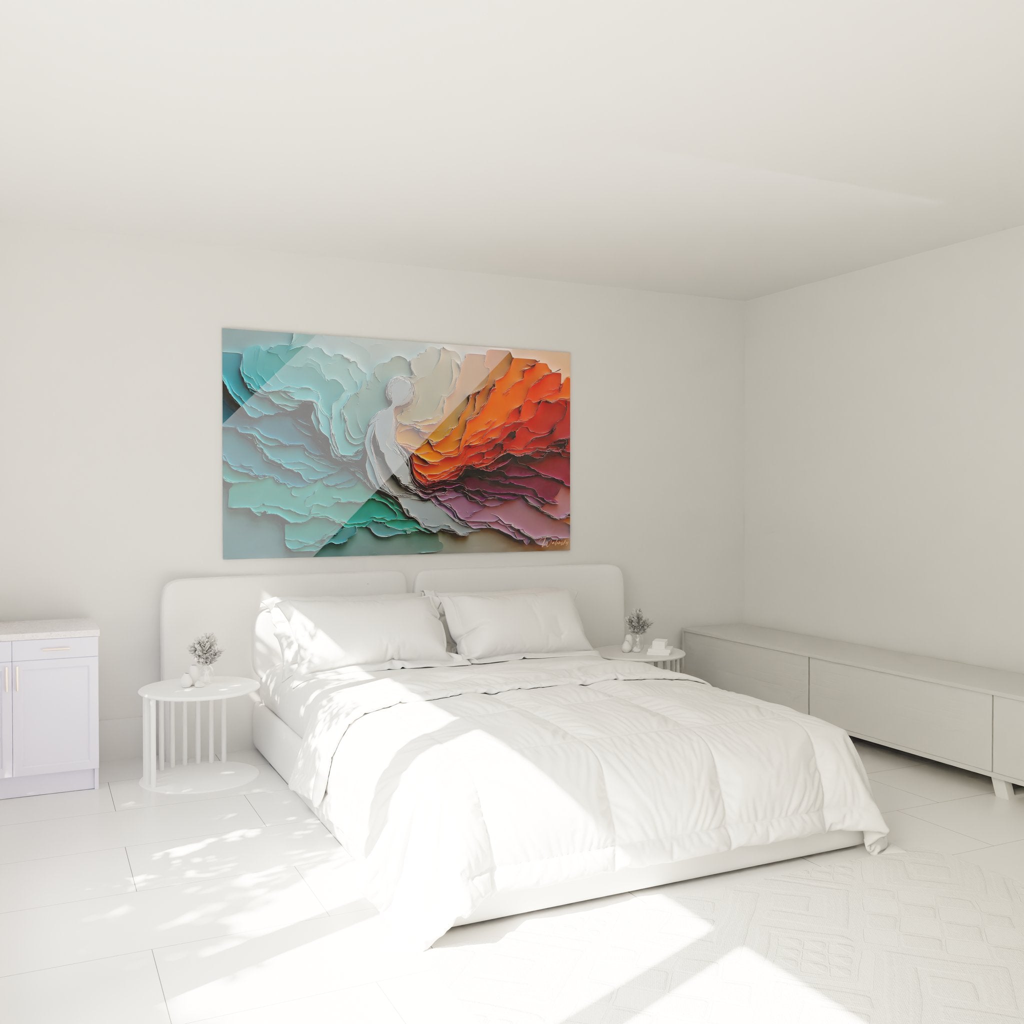 Décoration chambre tableau abstrait strates relief couleurs dégradées ambiance moderne