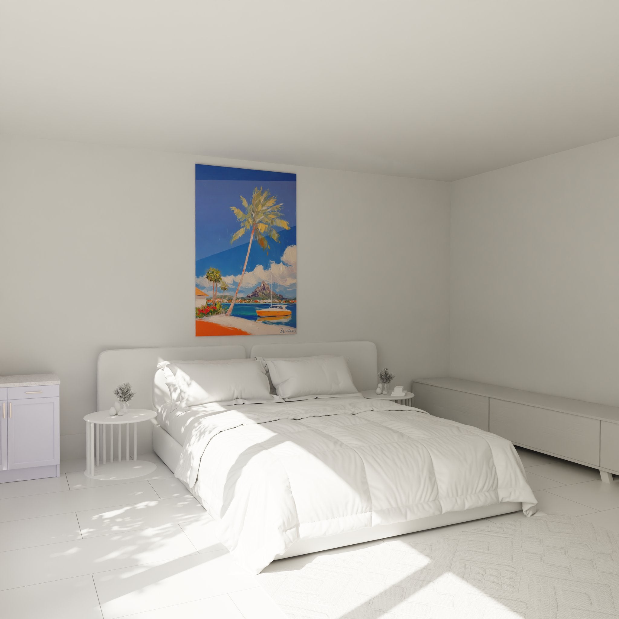 Décoration chambre tableau plage tropicale cocotiers, ambiance relaxante art mural île exotique