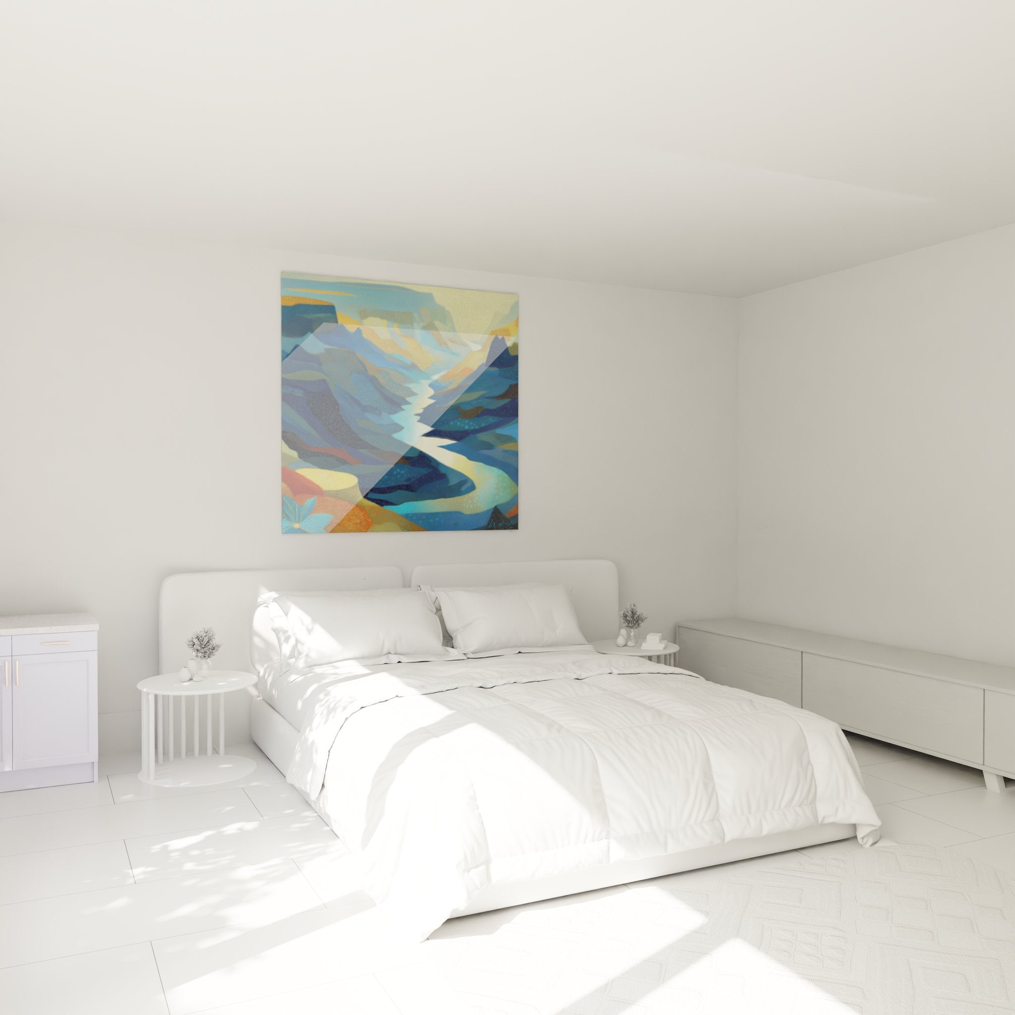 Décoration chambre tableau vallée canyon aux tons bleus dorés ambiance nature montagne