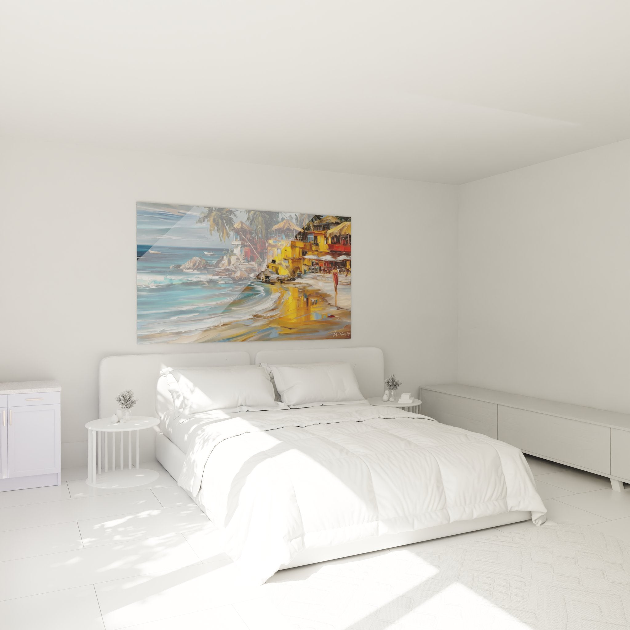 Décoration chambre avec tableau mural village côtier tropical aux tons dorés et turquoise