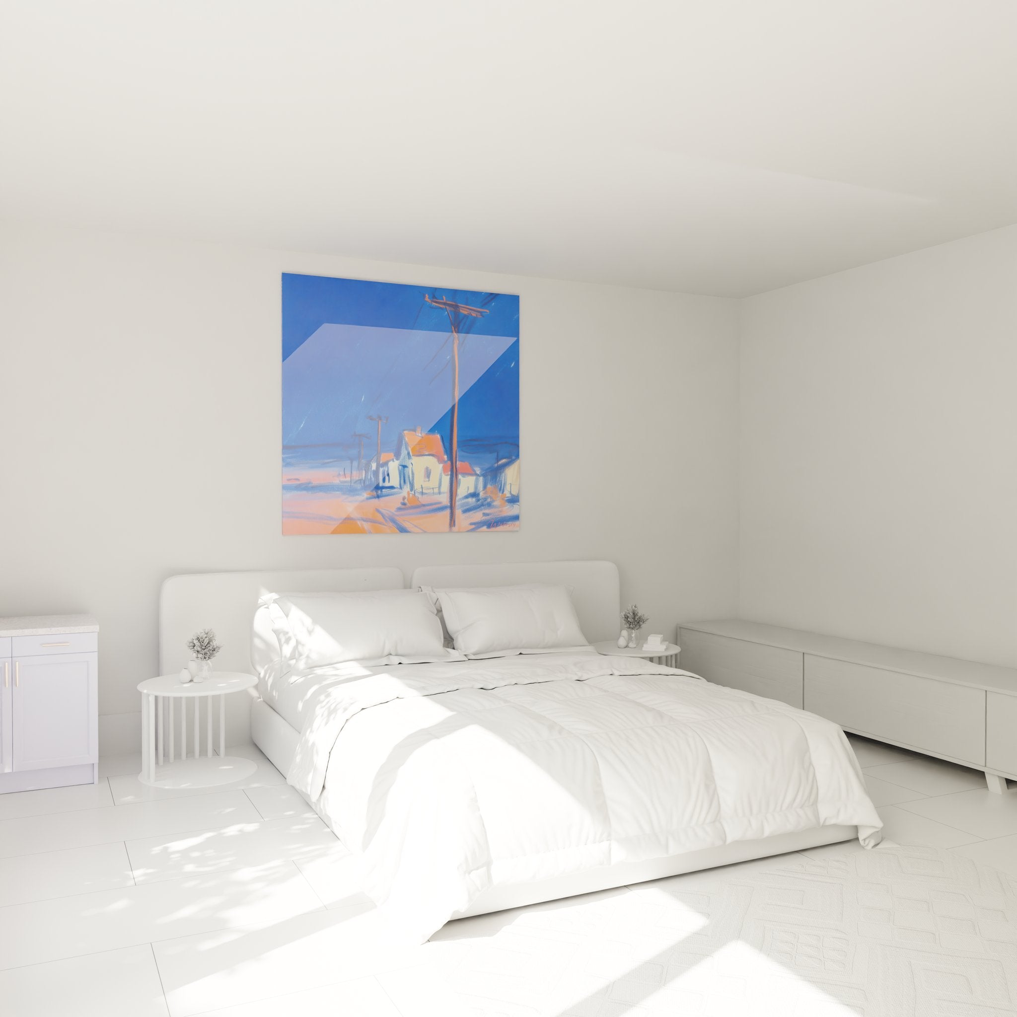 Décoration chambre tableau village désert ambiance chaleureuse art mural paysage aride design intérieur
