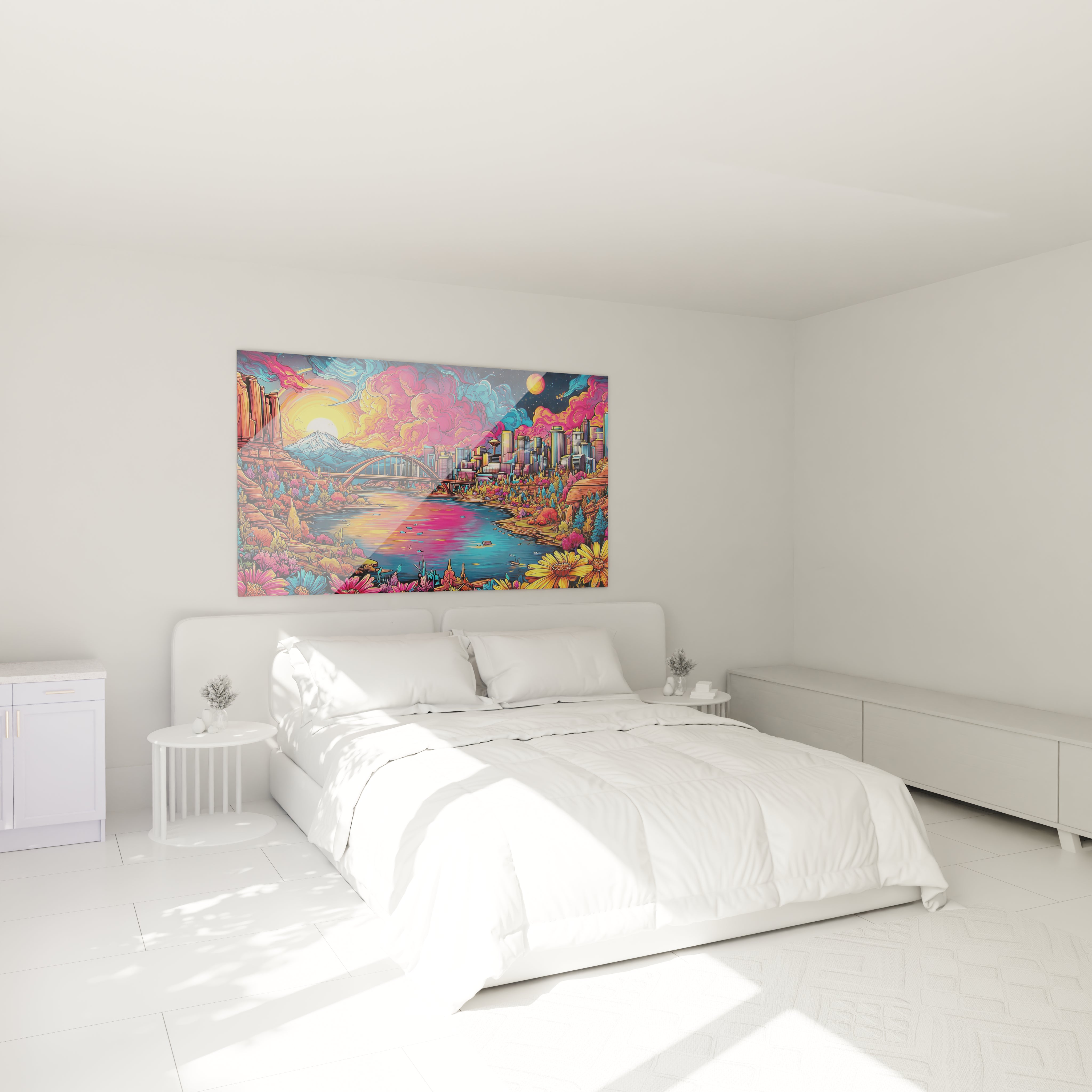 Décoration chambre avec tableau paysage urbain coloré dans ambiance cosy et moderne