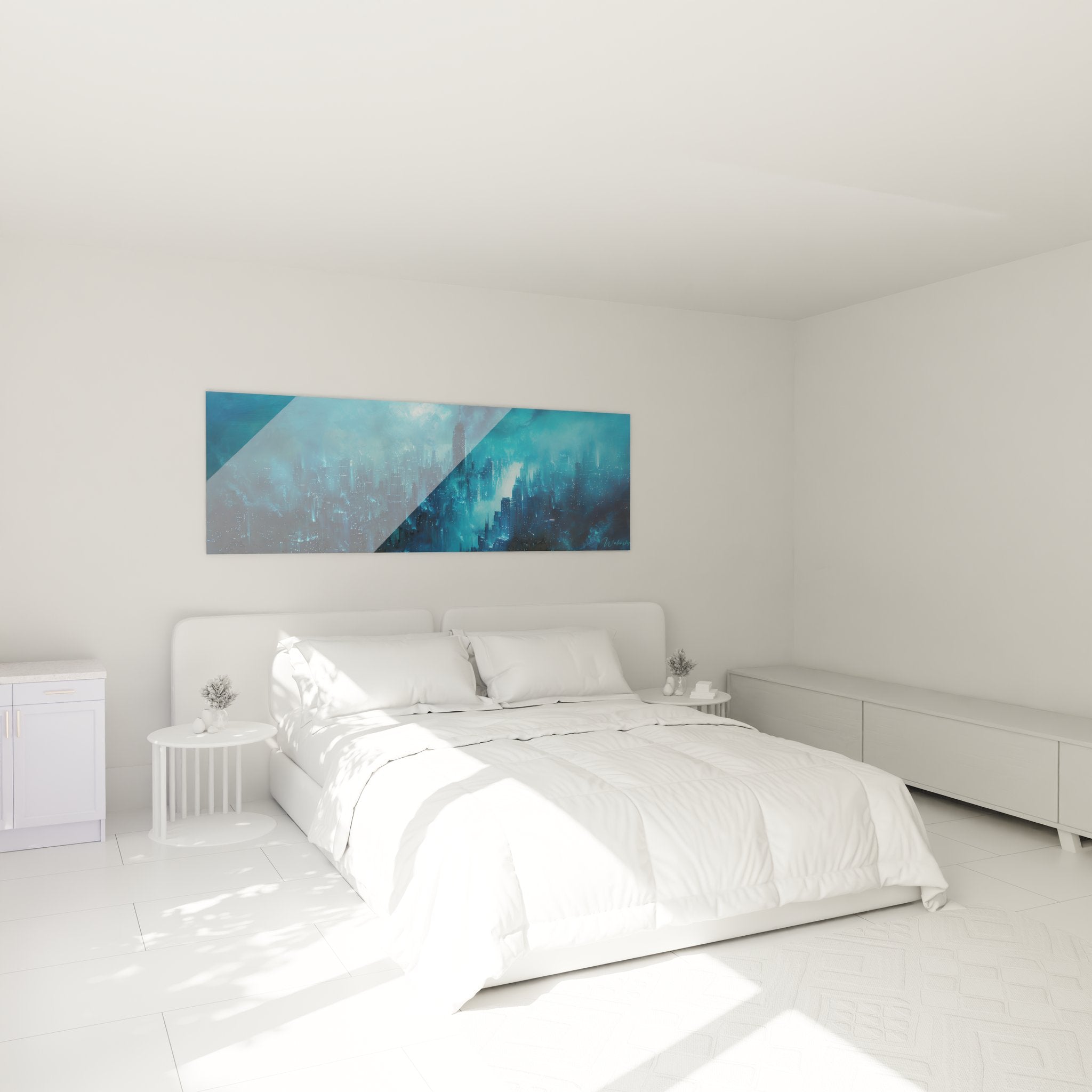 Décoration murale chambre avec tableau ville futuriste bleue style contemporain