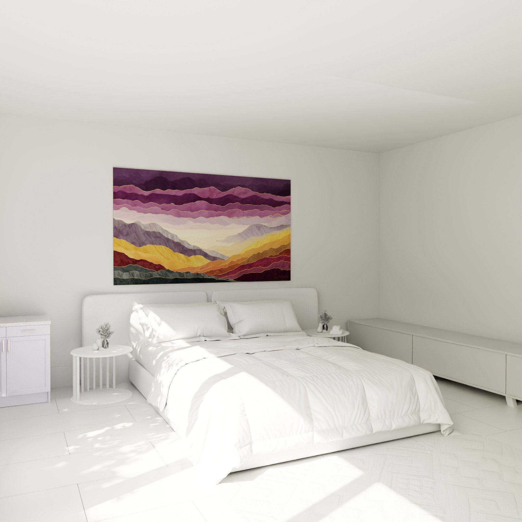 Purple golden landscape wall art bedroom painting mountain waves modern zen ambiance