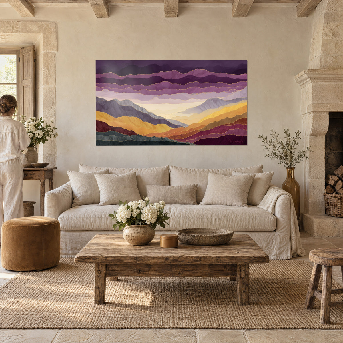 Wall art plum purple and luminous gold wavy ridges, gold pinstripes, above a sofa in a bright living room