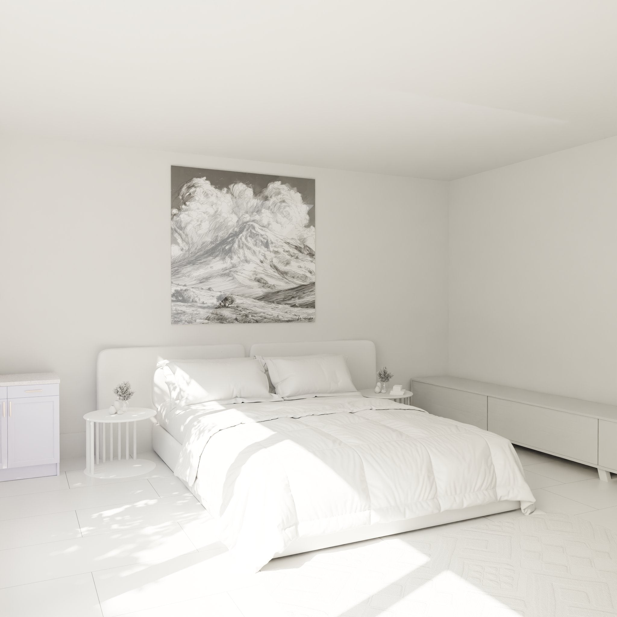 Décoration chambre avec tableau volcan en éruption noir et blanc style artistique croquis