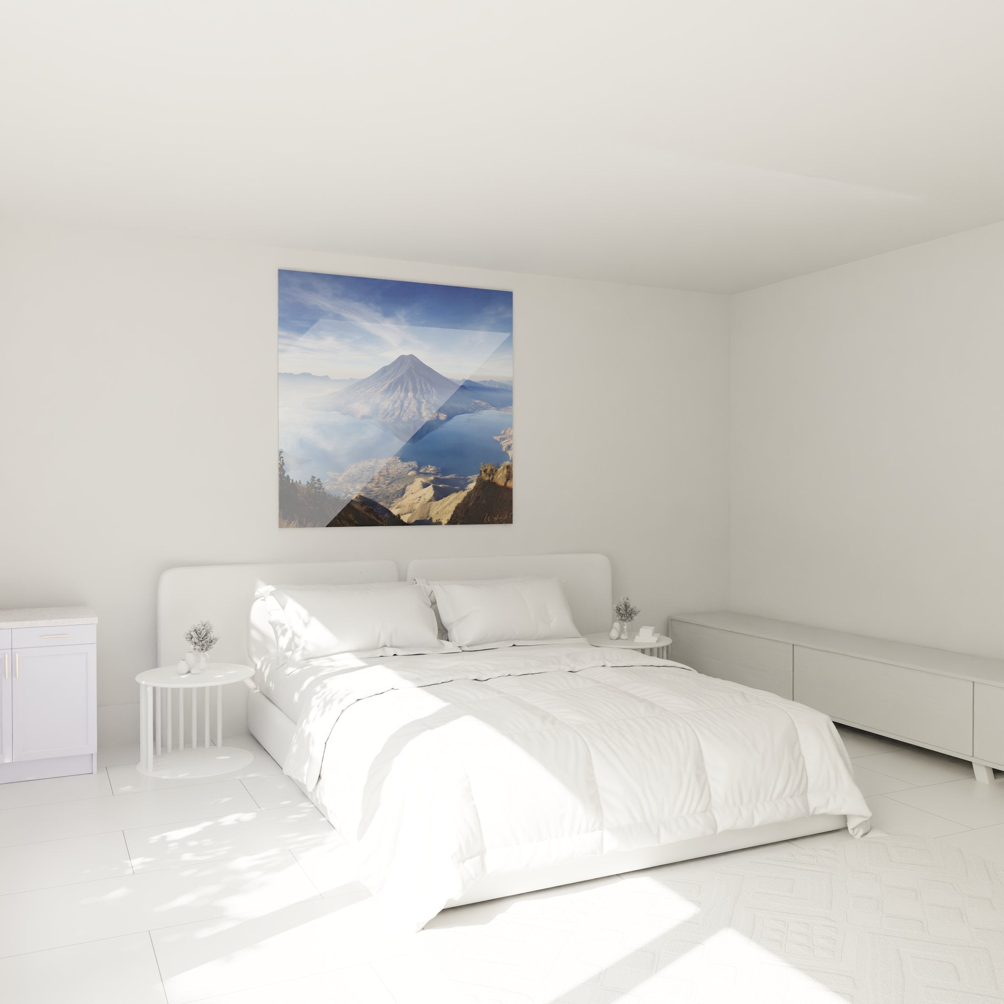 Décoration chambre tableau volcan lac, ambiance nature apaisante avec reflets mystiques