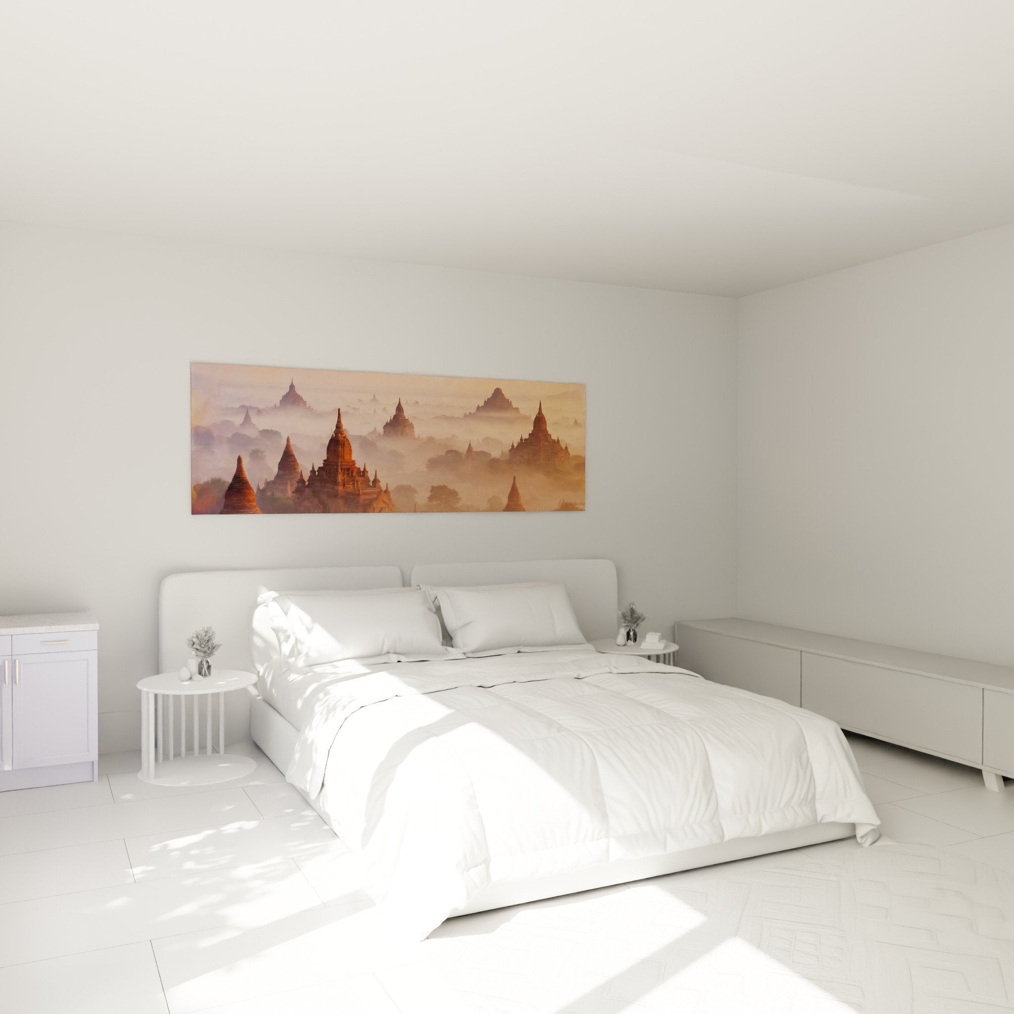 Tableau temple bouddhiste chambre decoration zen pagodes brume matinale ambiance sereine