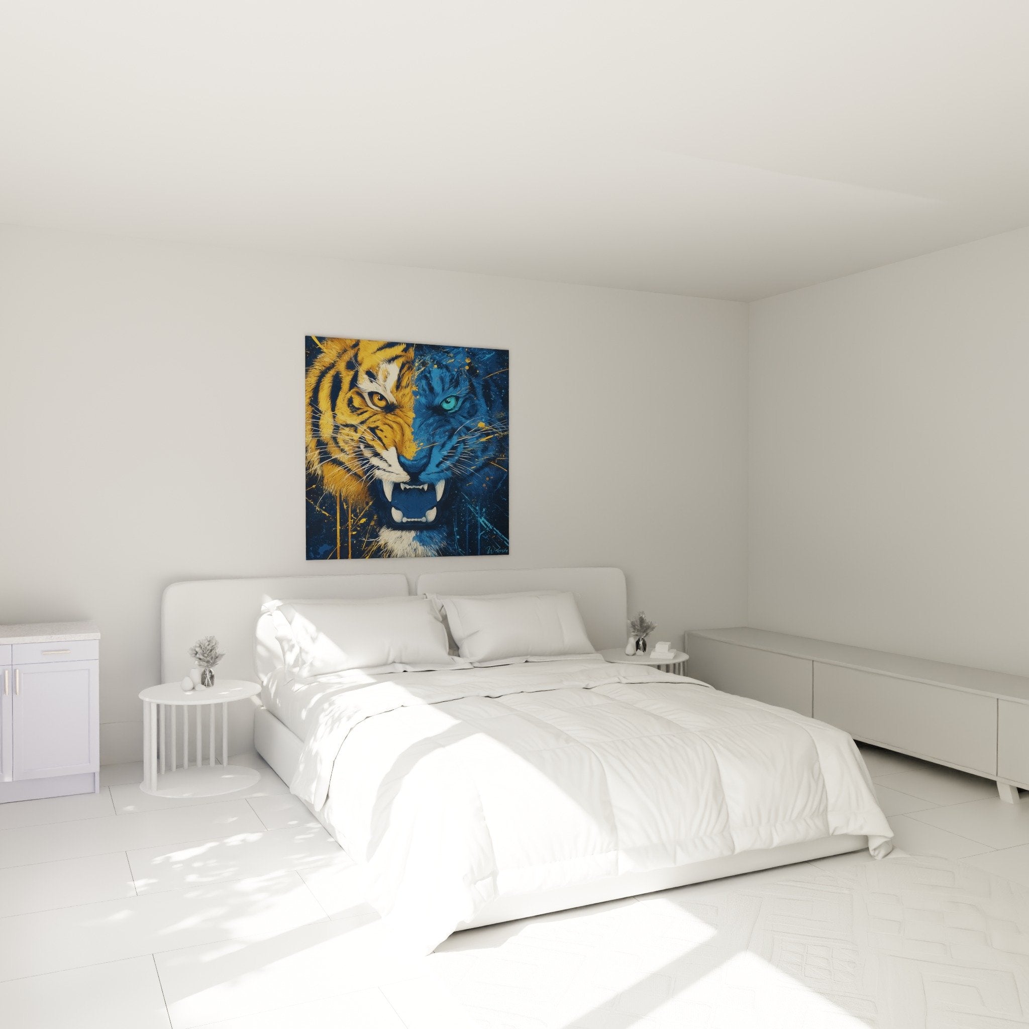 Décoration chambre moderne avec tableau tigre bicolore orange bleu, ambiance contemporaine urbaine