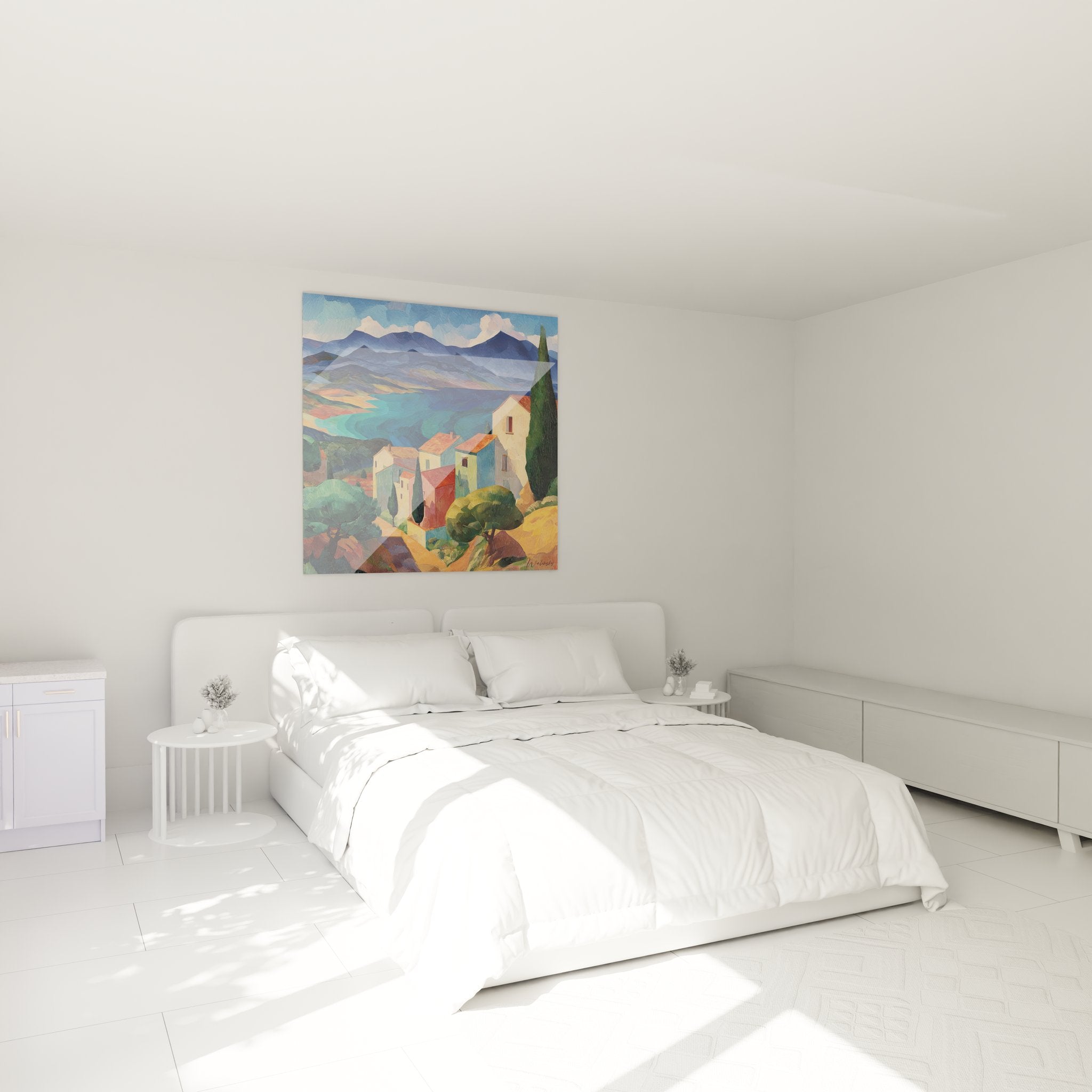 Décoration chambre avec tableau village côtier méditerranéen aux couleurs chaudes et apaisantes