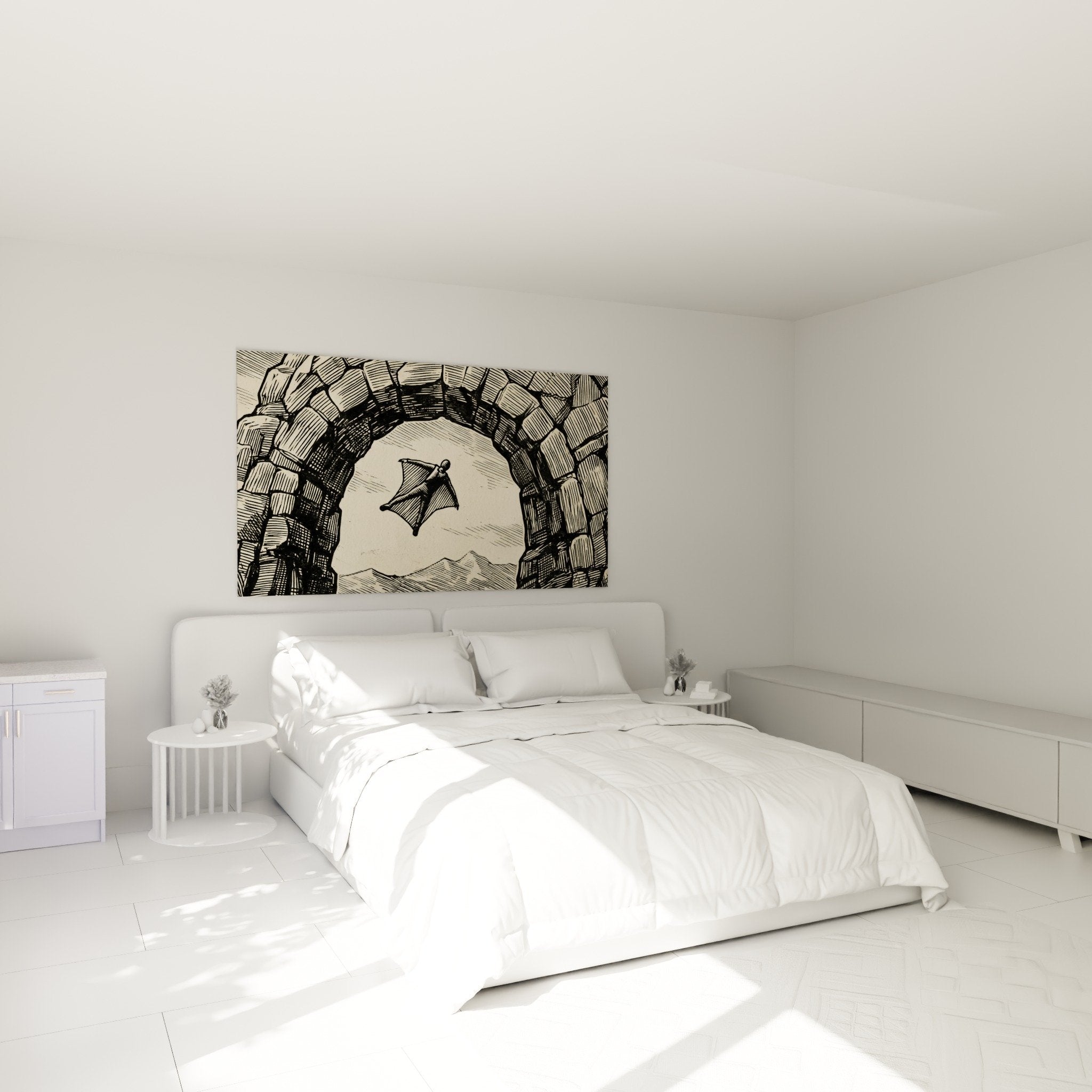 Tableau wingsuit gravure tunnel pierre chambre decoration murale noir beige vol extreme sports aeriens