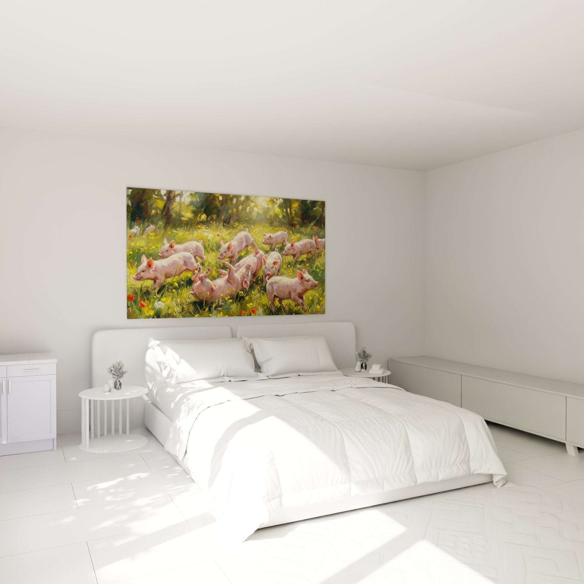 Wanddekoration rosa Schweine blühendes Wiesenambiente Landhausatmosphäre Schlafzimmer authentischer Landhausstil
