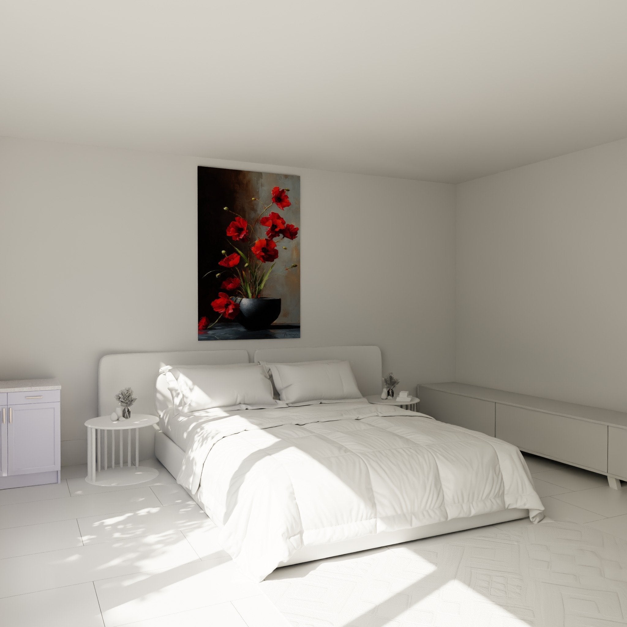 Red poppy wall decor modern bedroom floral art ikebana elegant ambiance