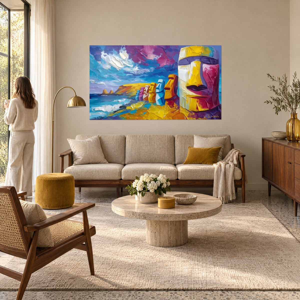 Quadro statue Moai giallo senape e rosa fucsia su cielo turchese, donna di spalle, sopra un divano in un soggiorno luminoso