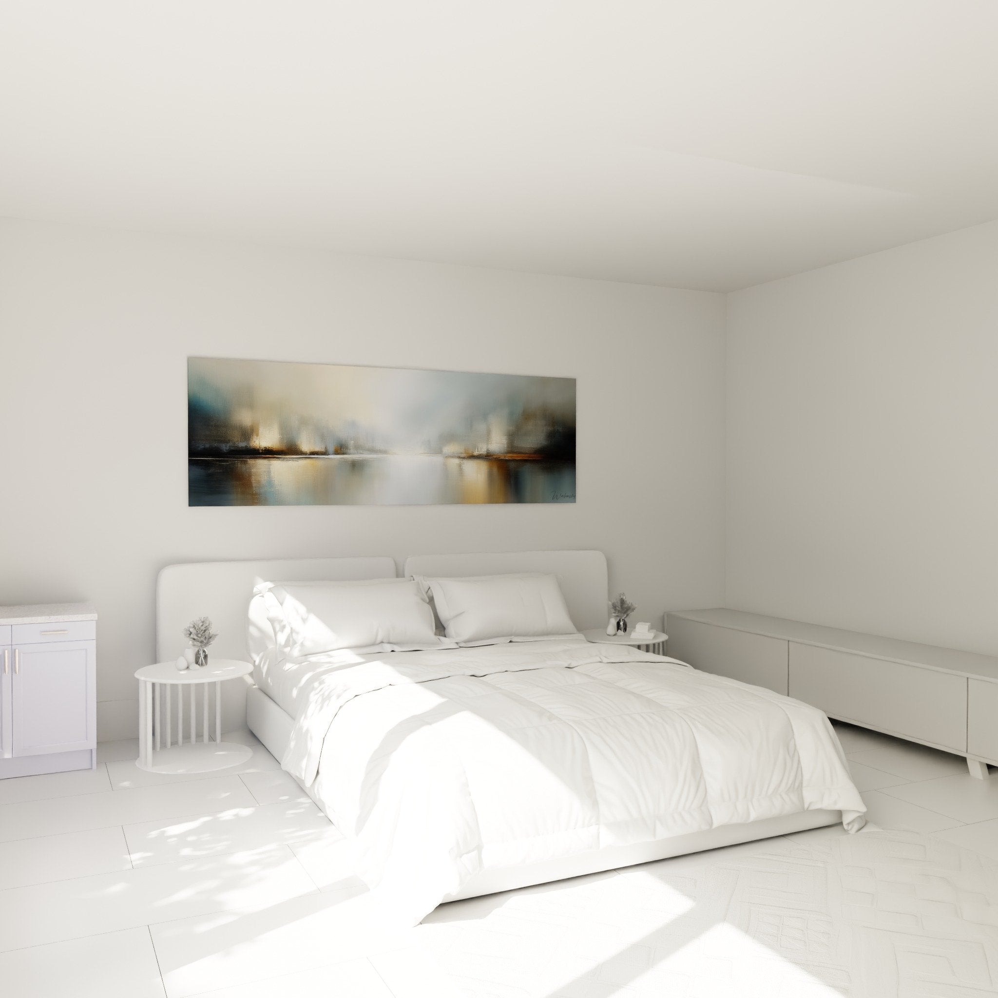 Tableau abstrait bleu doré dans chambre moderne, ambiance apaisante et raffinée pour décoration murale