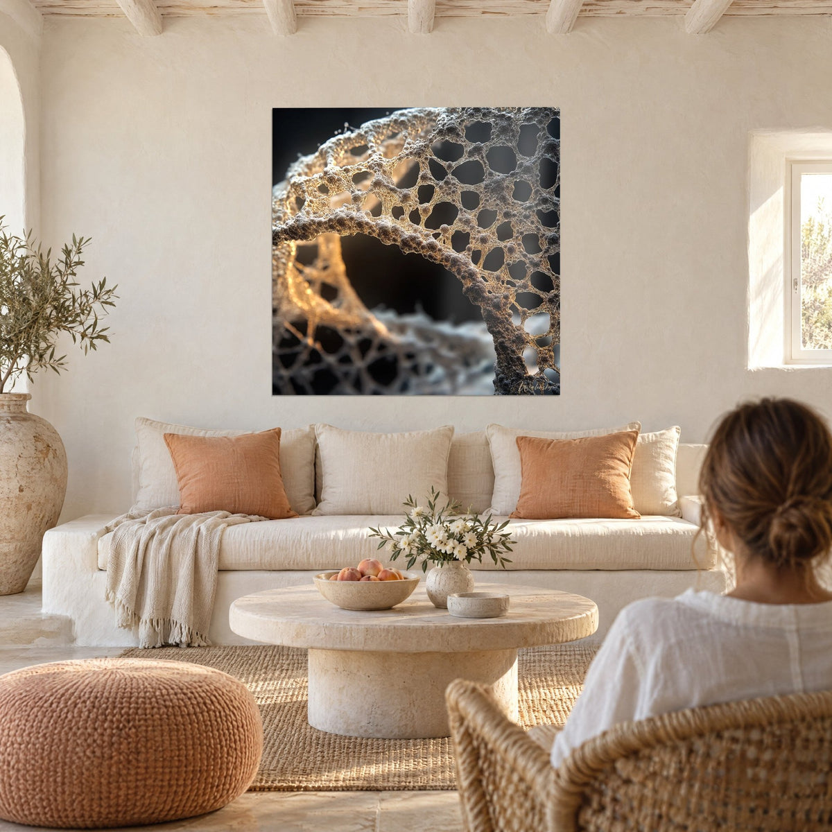Tableau hélice moléculaire dorée aux reflets ambre sur fond noir, lumière chaude, au-dessus d'un canapé dans un salon lumineux