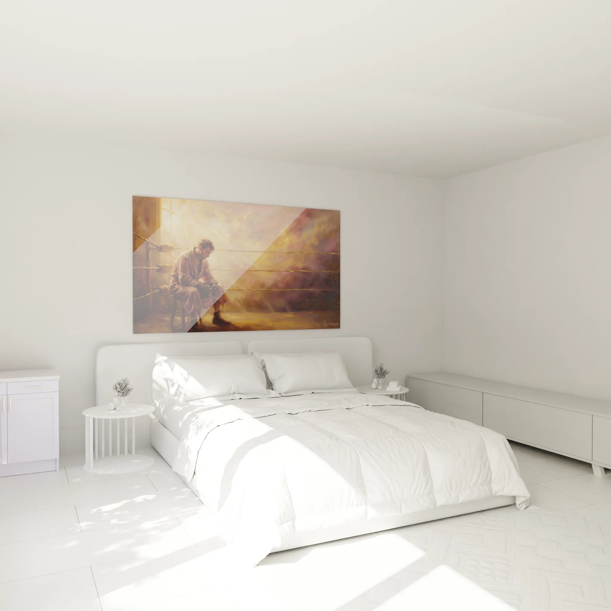 Décoration murale boxe dans chambre moderne avec tableau boxeur contemplatif ambiance chaleureuse