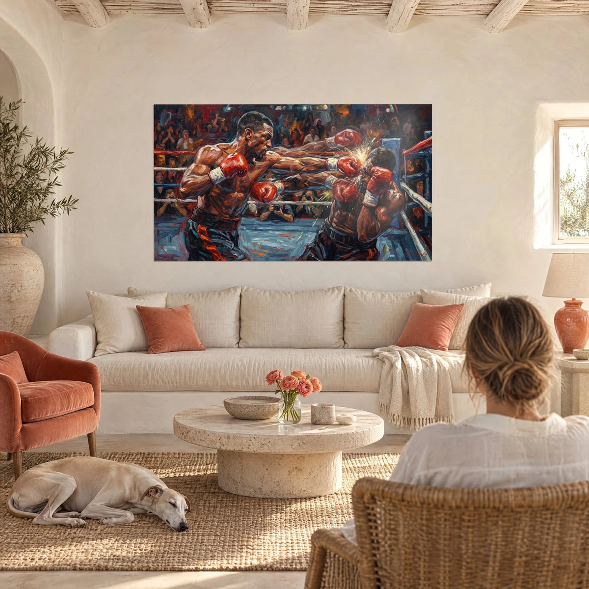 Gemälde Boxer mit blitzschnellem Haken, rote Handschuhe und goldener Spritzer auf nachtblauem Grund, über einem Sofa in einem hellen Wohnzimmer