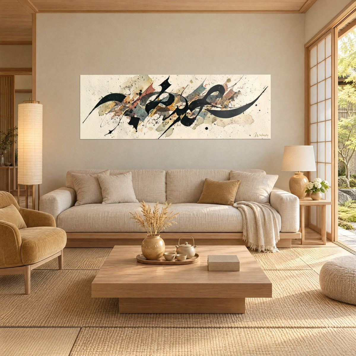 Schilderij met zwarte kalligrafie in slanke lijnen op okerkleurige en blauwgrijze washes, boven een bank in een lichte woonkamer