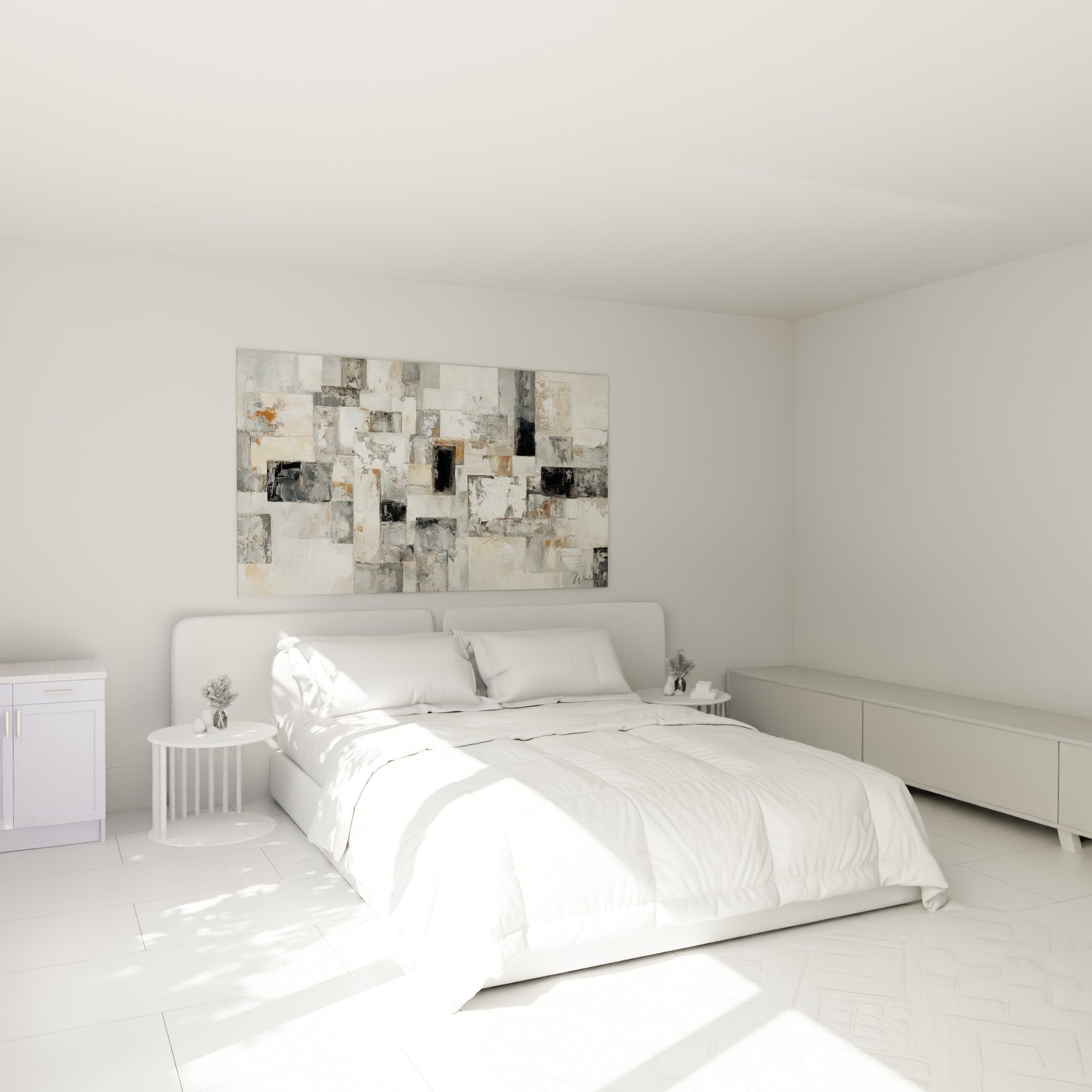 Decoration murale abstraite chambre tons neutres rectangles superposes ambiance zen apaisante