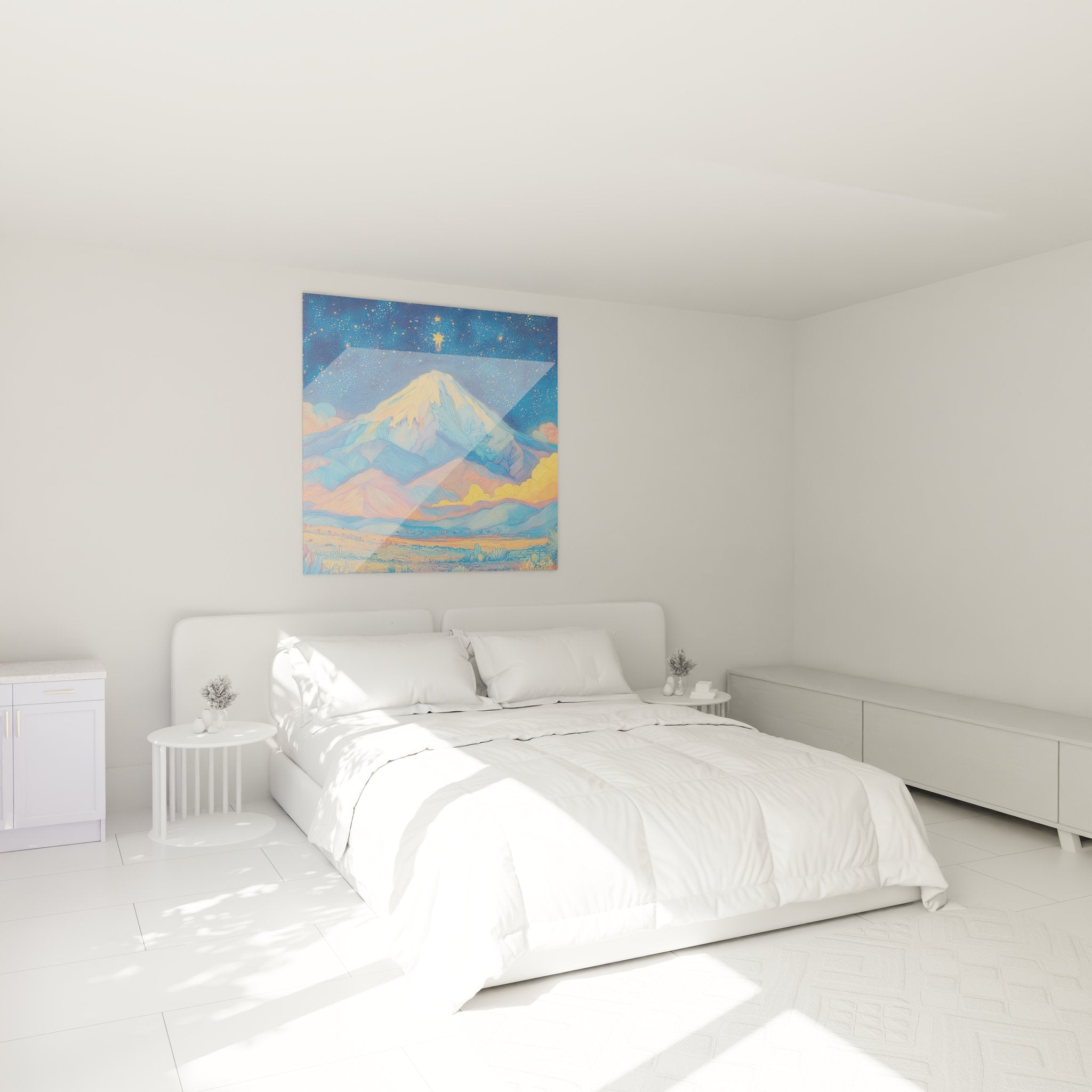 Décoration murale chambre avec tableau montagne étoilée aux tons bleus et dorés style post-impressionniste