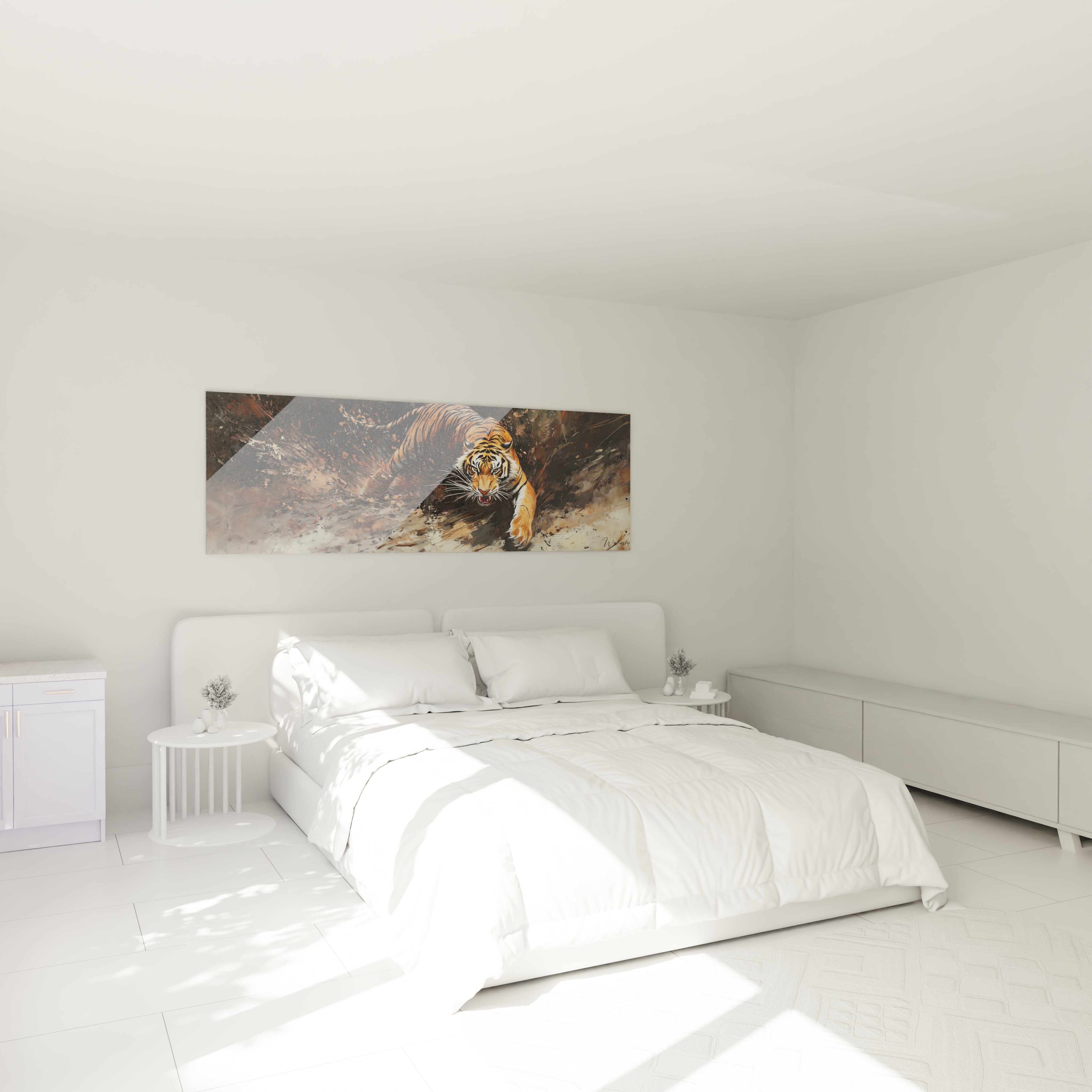 Tableau tigre Walensky accroché au-dessus d'un lit moderne dans une chambre lumineuse