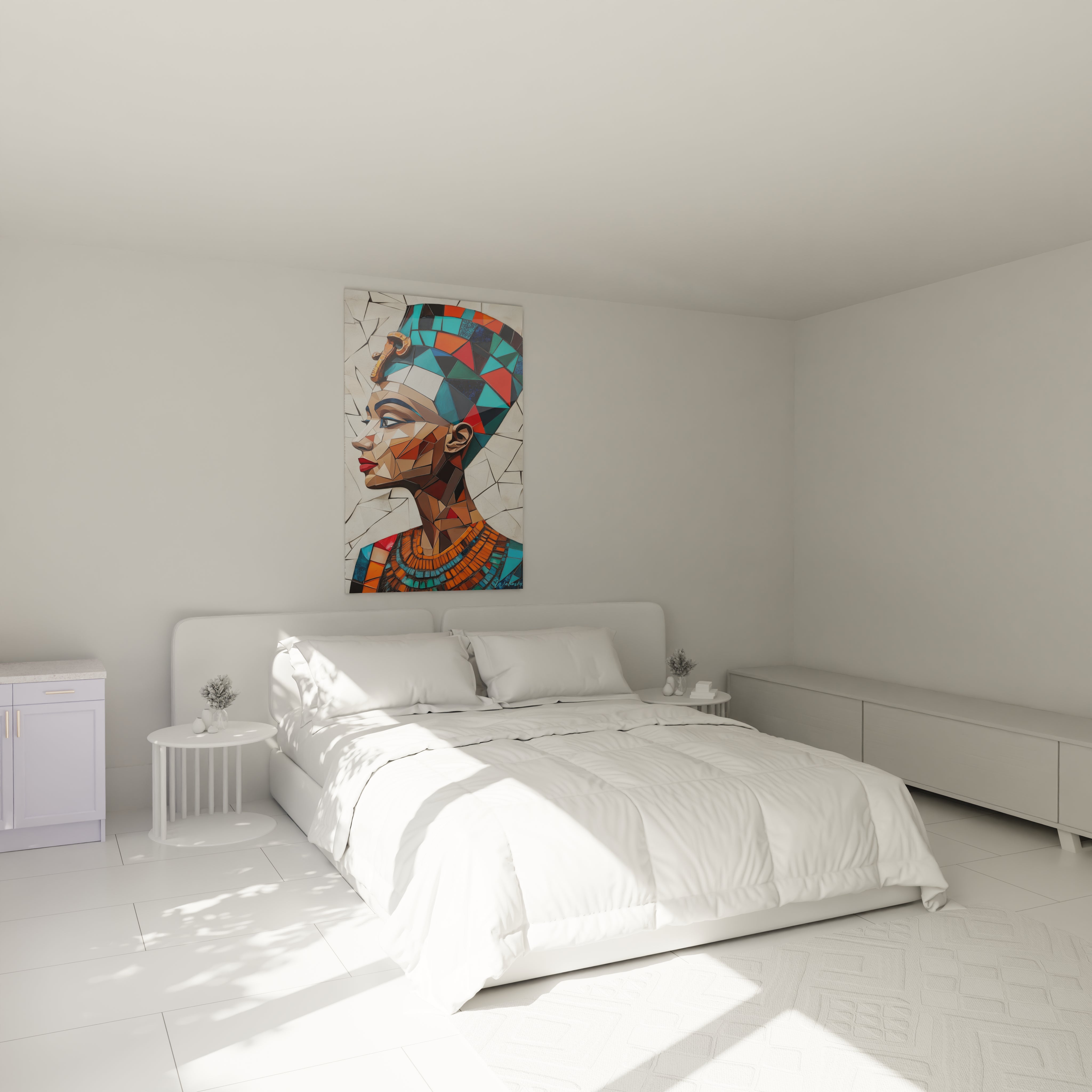 Tableau Egypte mural coloré représentant une reine égyptienne dans une chambre moderne lumineuse