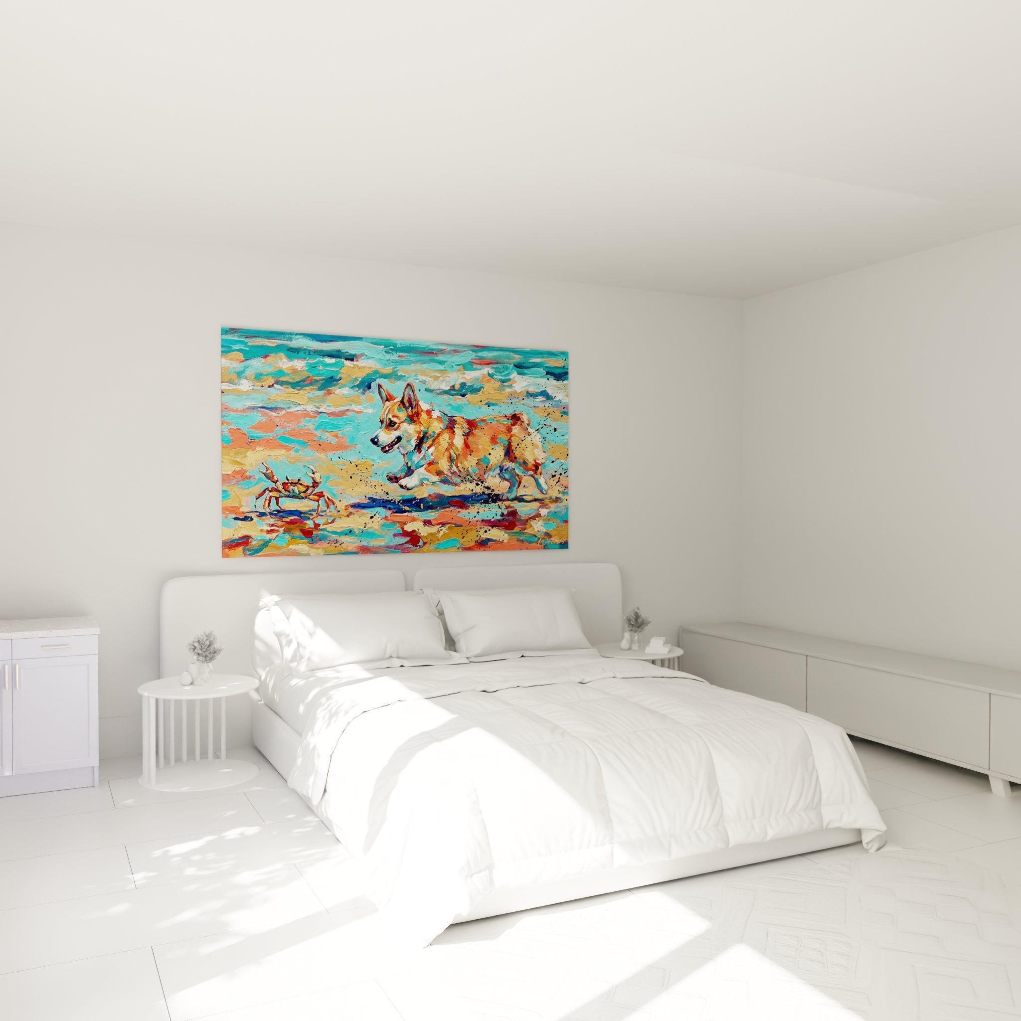 Corgi Pembroke Wanddekoration im modernen Schlafzimmer - Farbenfrohe Strandtafel in Türkis- und Orangetönen