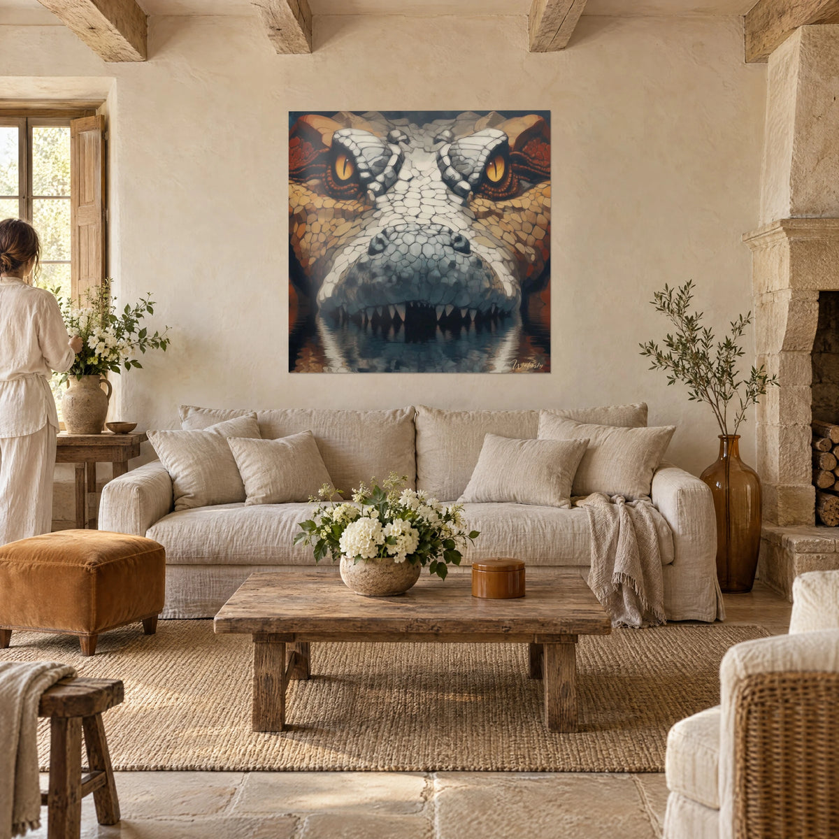 Tableau crocodile aux yeux ambre fendus, écailles ivoire et ocre, face à un couple de dos, au-dessus d'un canapé dans un salon lumineux