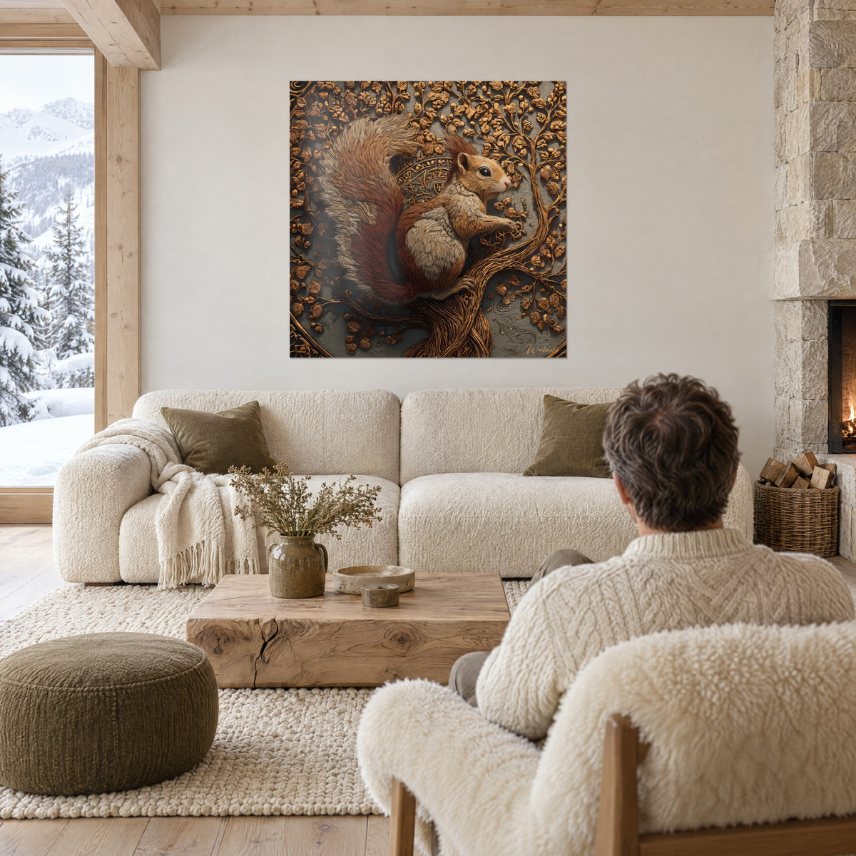 Tableau écureuil roux au pelage sculpté sur un arbre cuivré, fond gris ardoise, au-dessus d'un canapé dans un salon lumineux