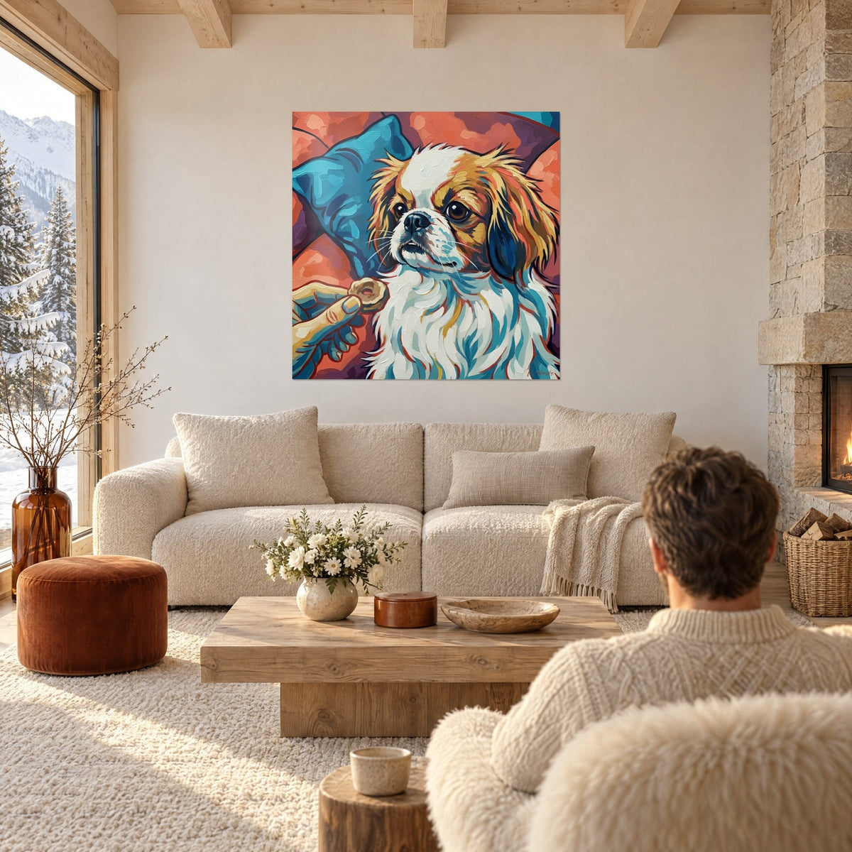 Schilderij Japanse Chin met witte en gouden vacht, turquoise kussen, oranje achtergrond, boven een bank in een lichte woonkamer