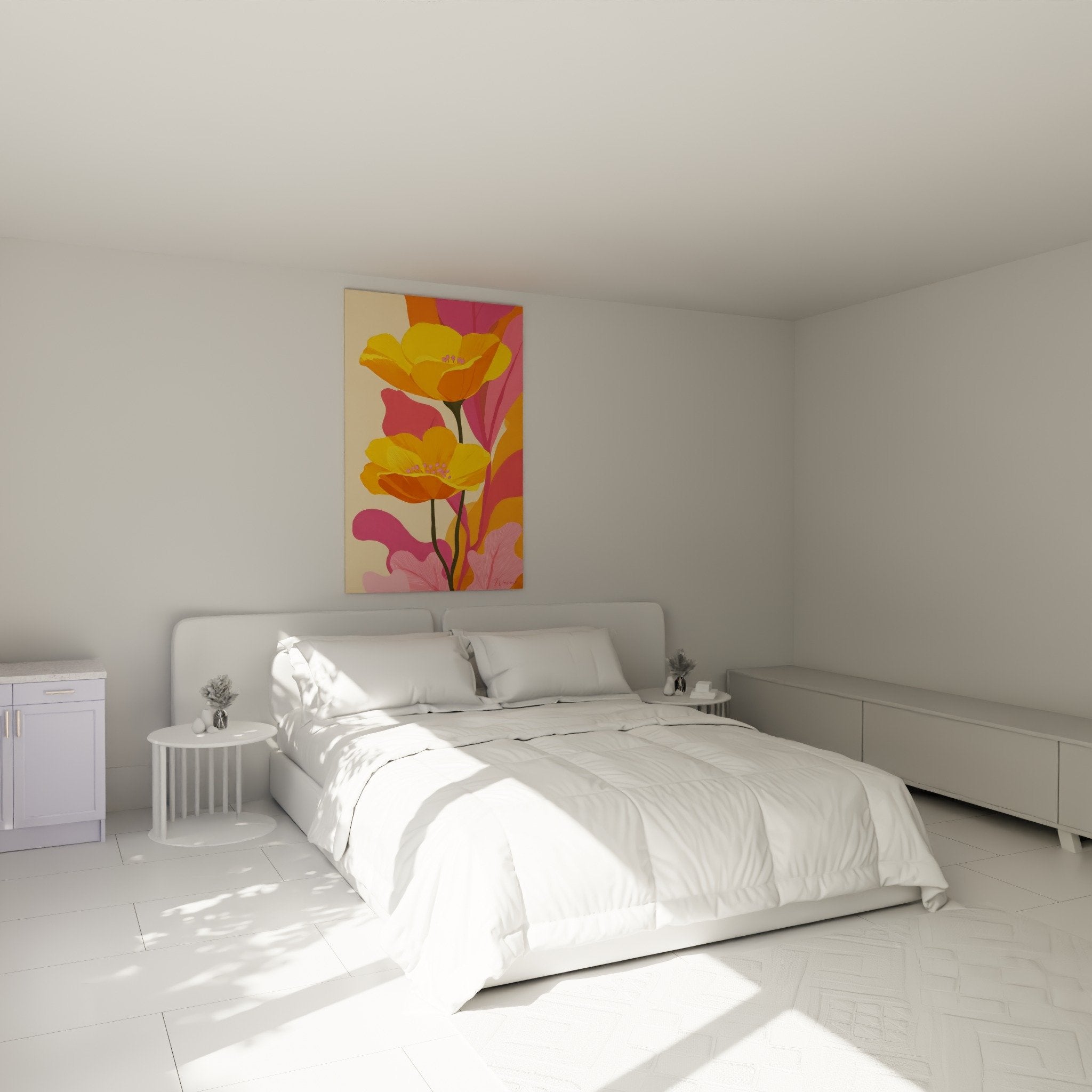 Decoration murale fleurs jaunes orangees dans chambre ambiance chaleureuse