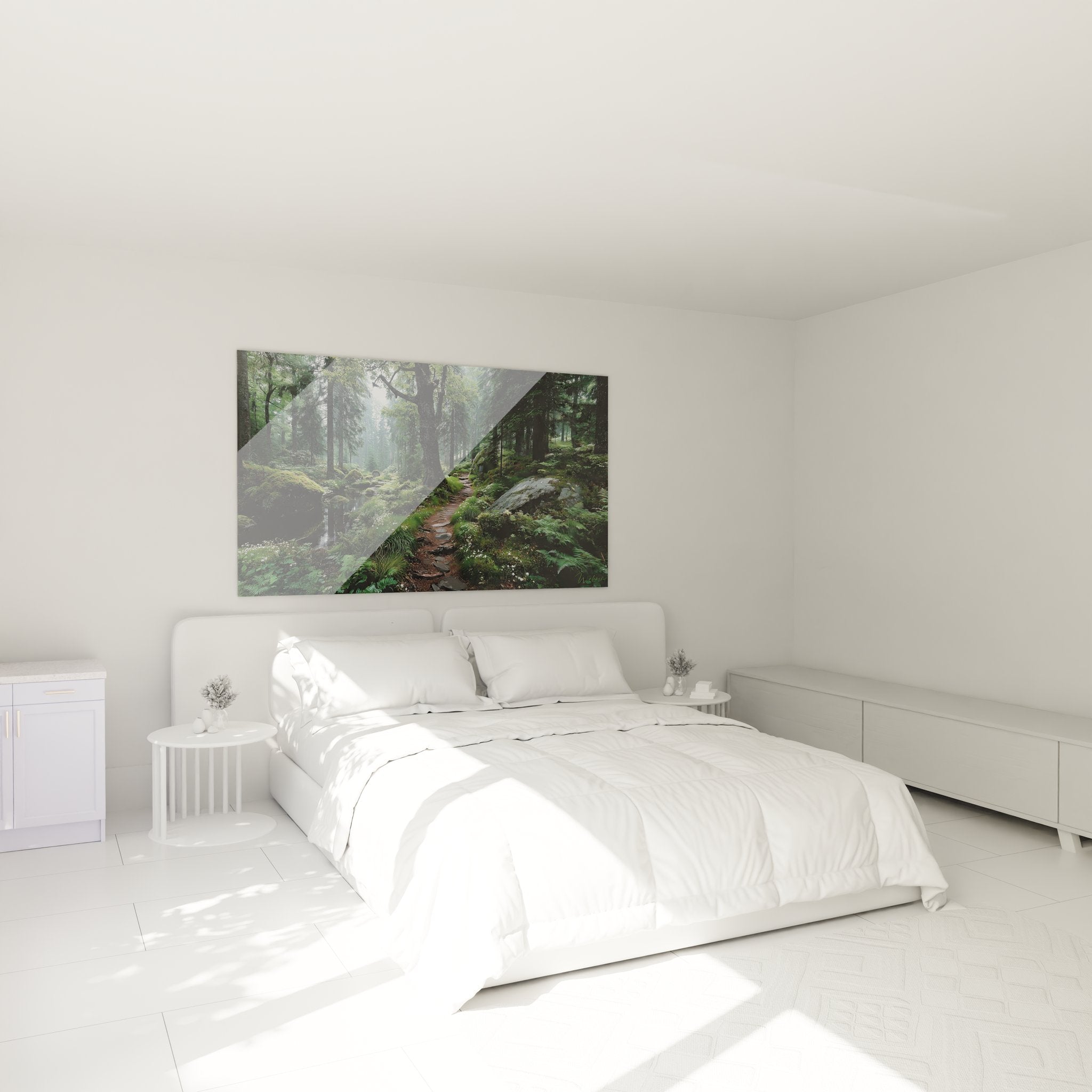 Décoration murale nature chemin forestier brumeux dans ambiance chambre zen et apaisante