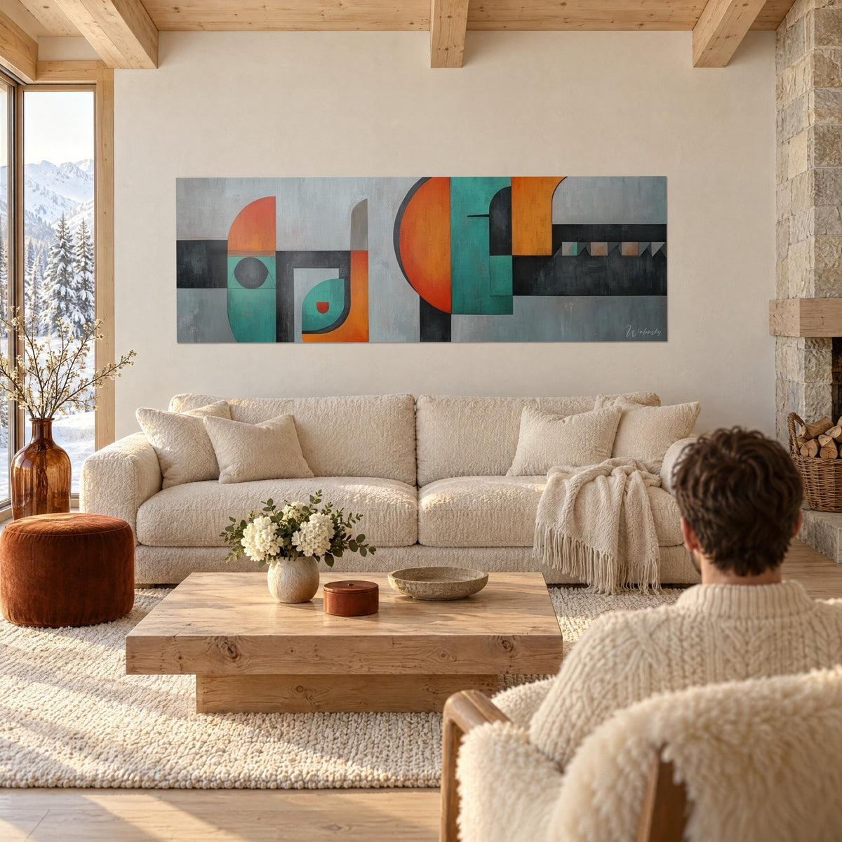 Tableau composition abstraite orange, turquoise et gris, formes géométriques, au-dessus d'un canapé dans un salon lumineux