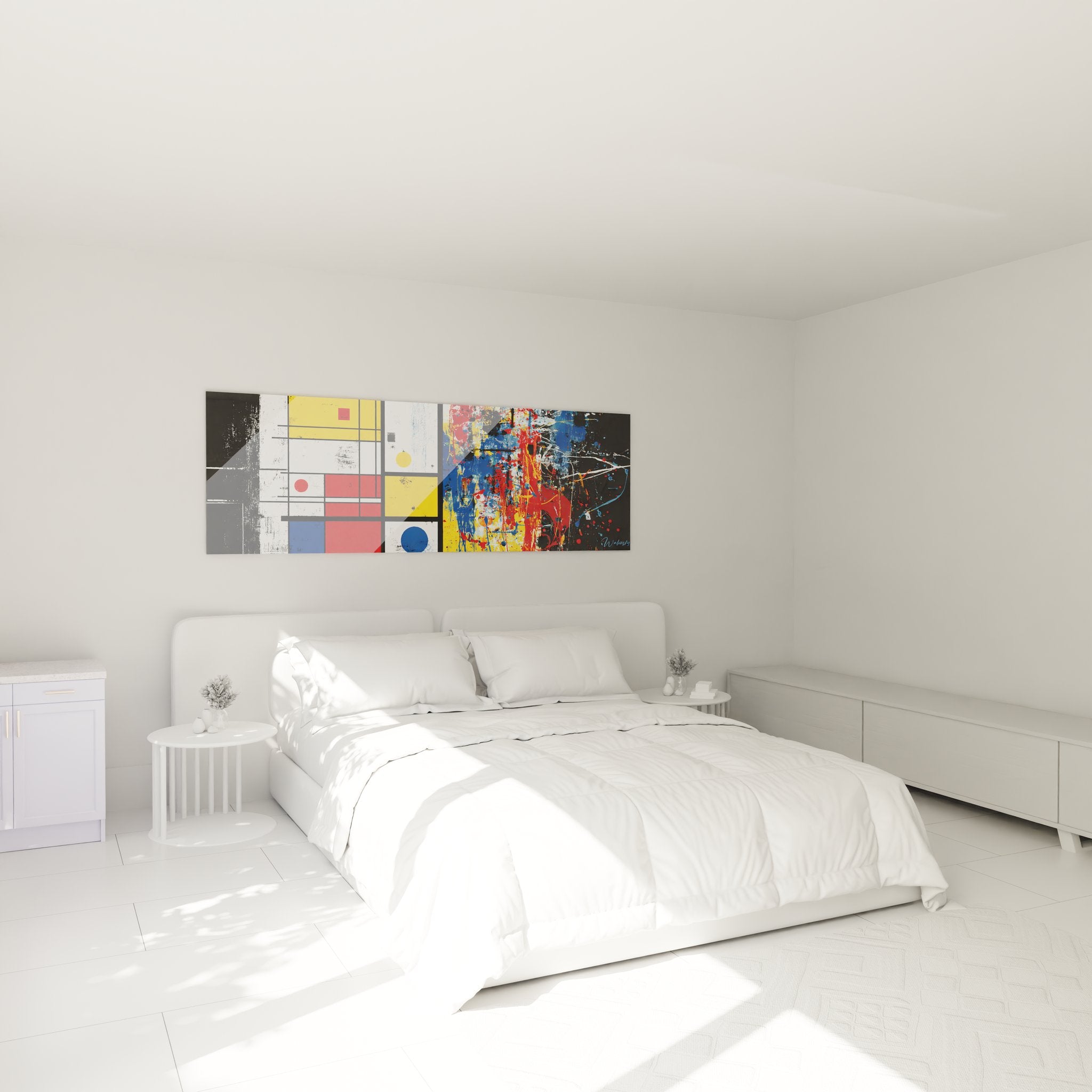 Décoration murale abstrait géométrique moderne dans ambiance chambre contemporaine minimaliste