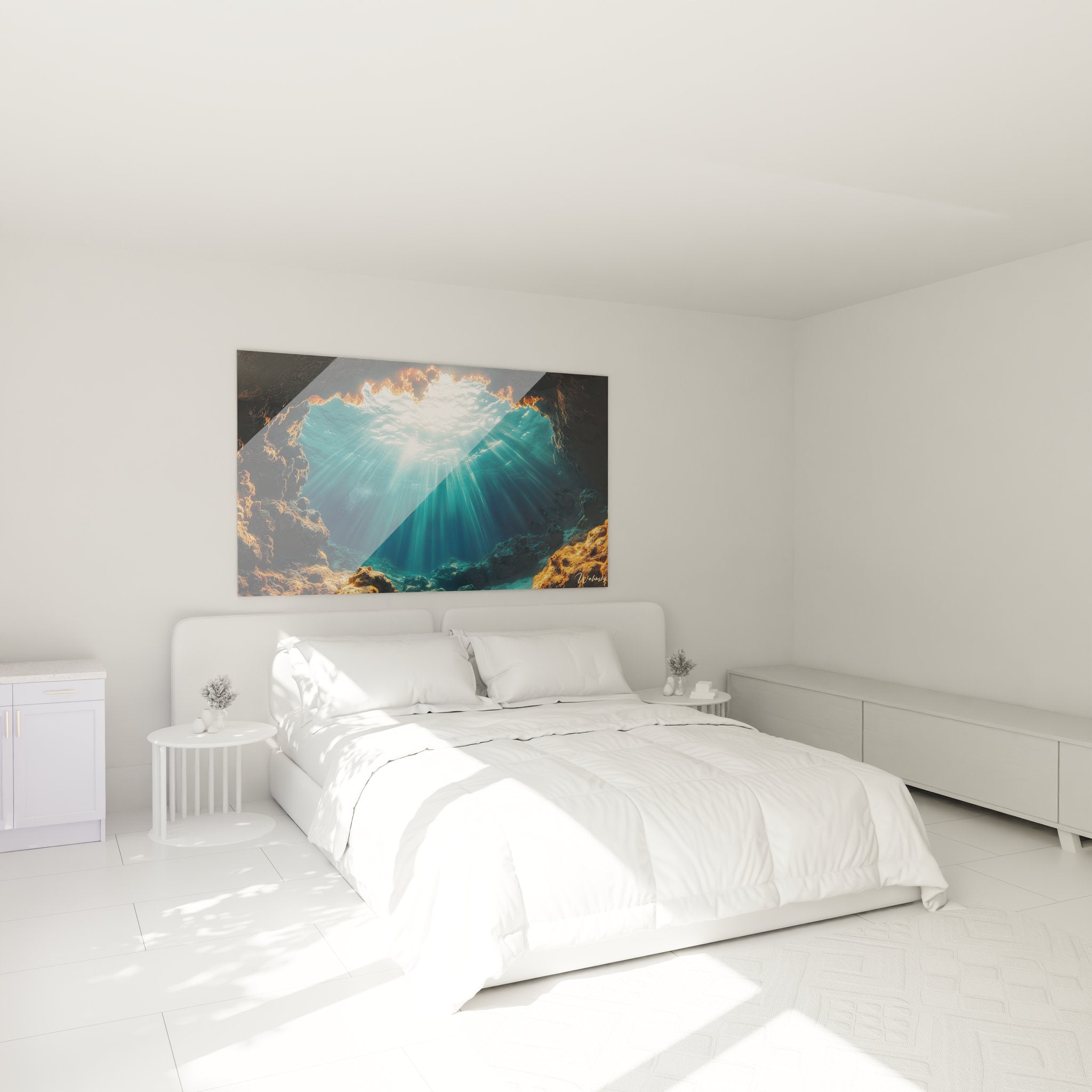 Décoration murale grotte aquatique avec faisceaux lumineux dans chambre moderne, ambiance marine apaisante
