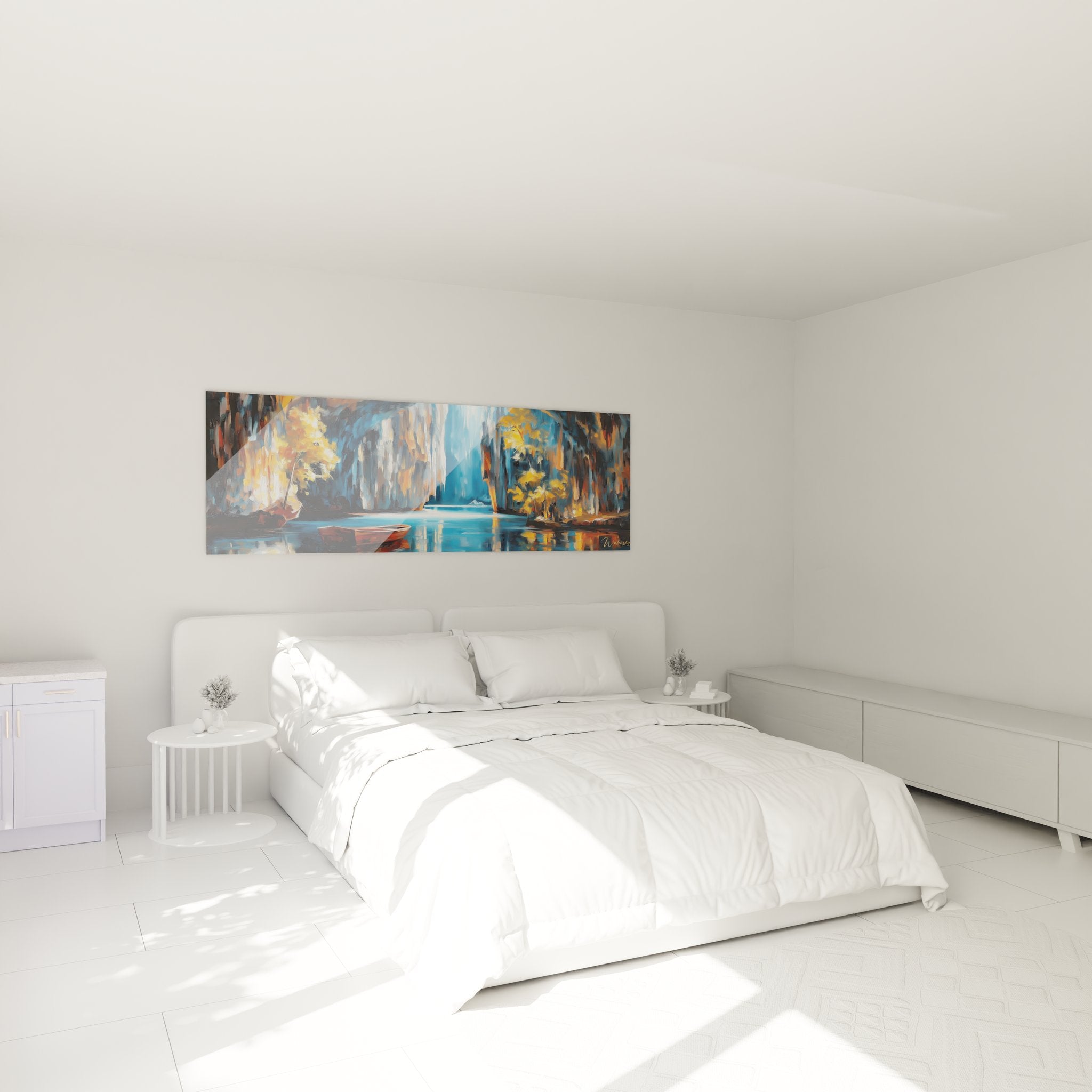 Décoration murale grotte naturelle dans chambre moderne, ambiance apaisante avec bateau sur eaux souterraines