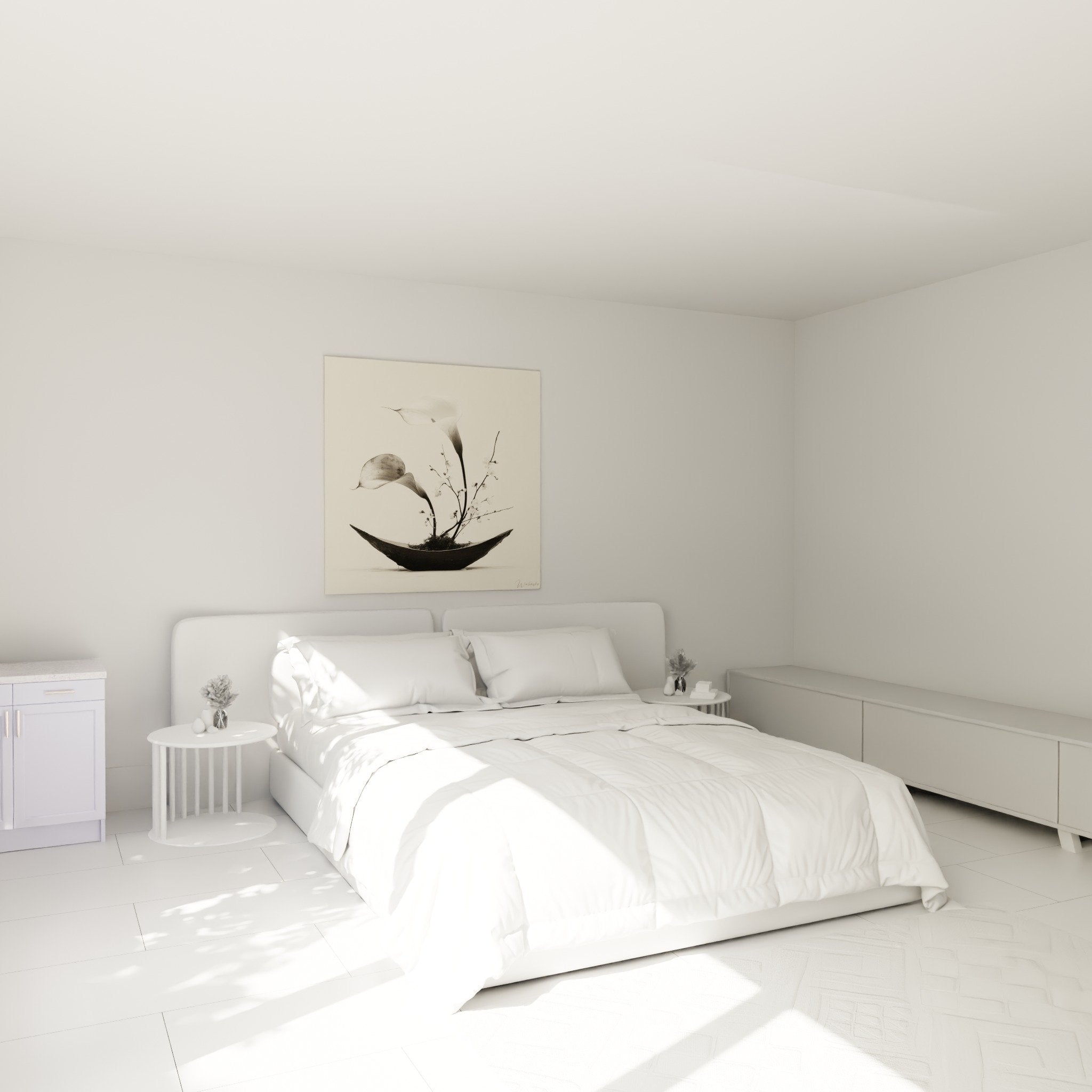 Tableau ikebana tons beiges dans chambre moderne, decoration murale zen et apaisante